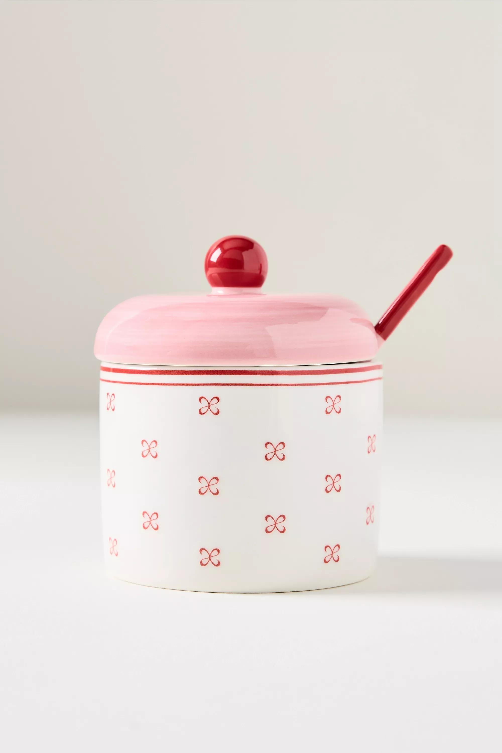 By Maeve Stoneware Sugar Bowl And Spoon, Pink, A501_0066, medium