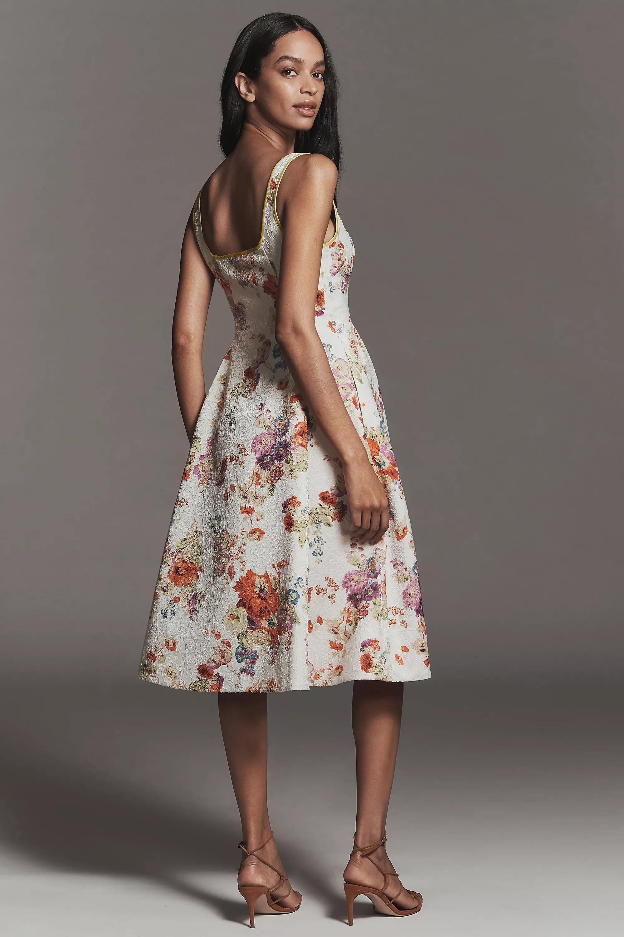 Maeve Square-Neck Piped Floral Midi Dress, White, A501_0523, large image number 1