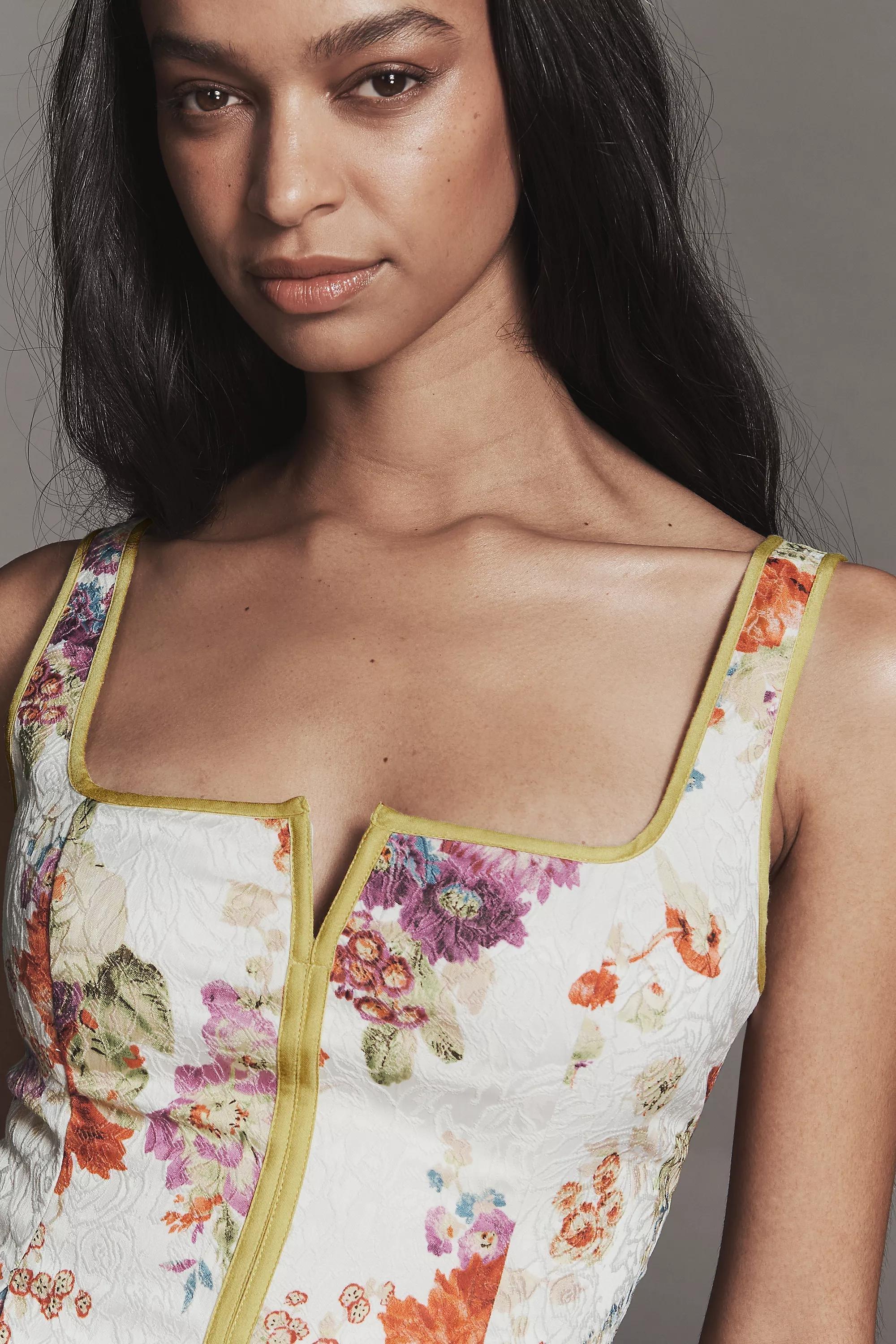 Maeve Square-Neck Piped Floral Midi Dress, White, A501_0523, medium