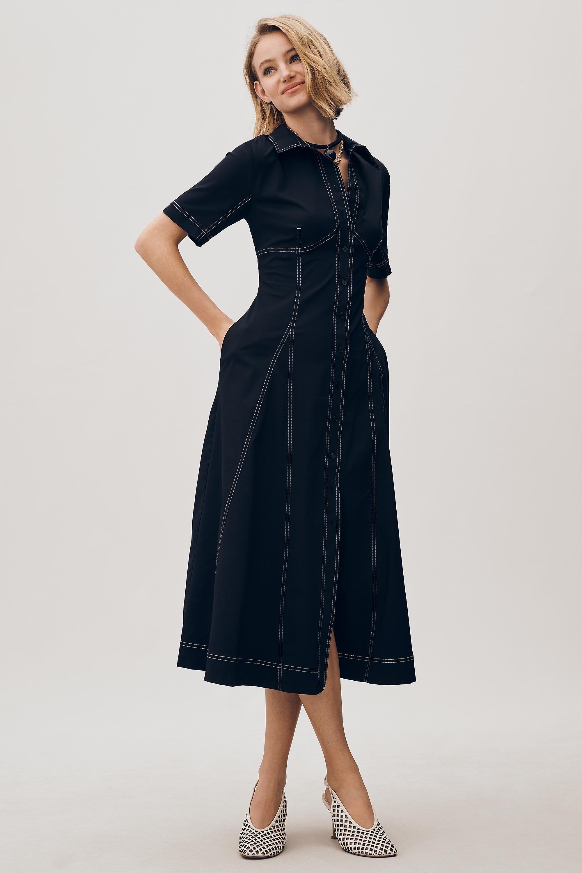 By Exquise Short-Sleeve Seamed Pleated Midi Dress, Black, A501_0001, medium