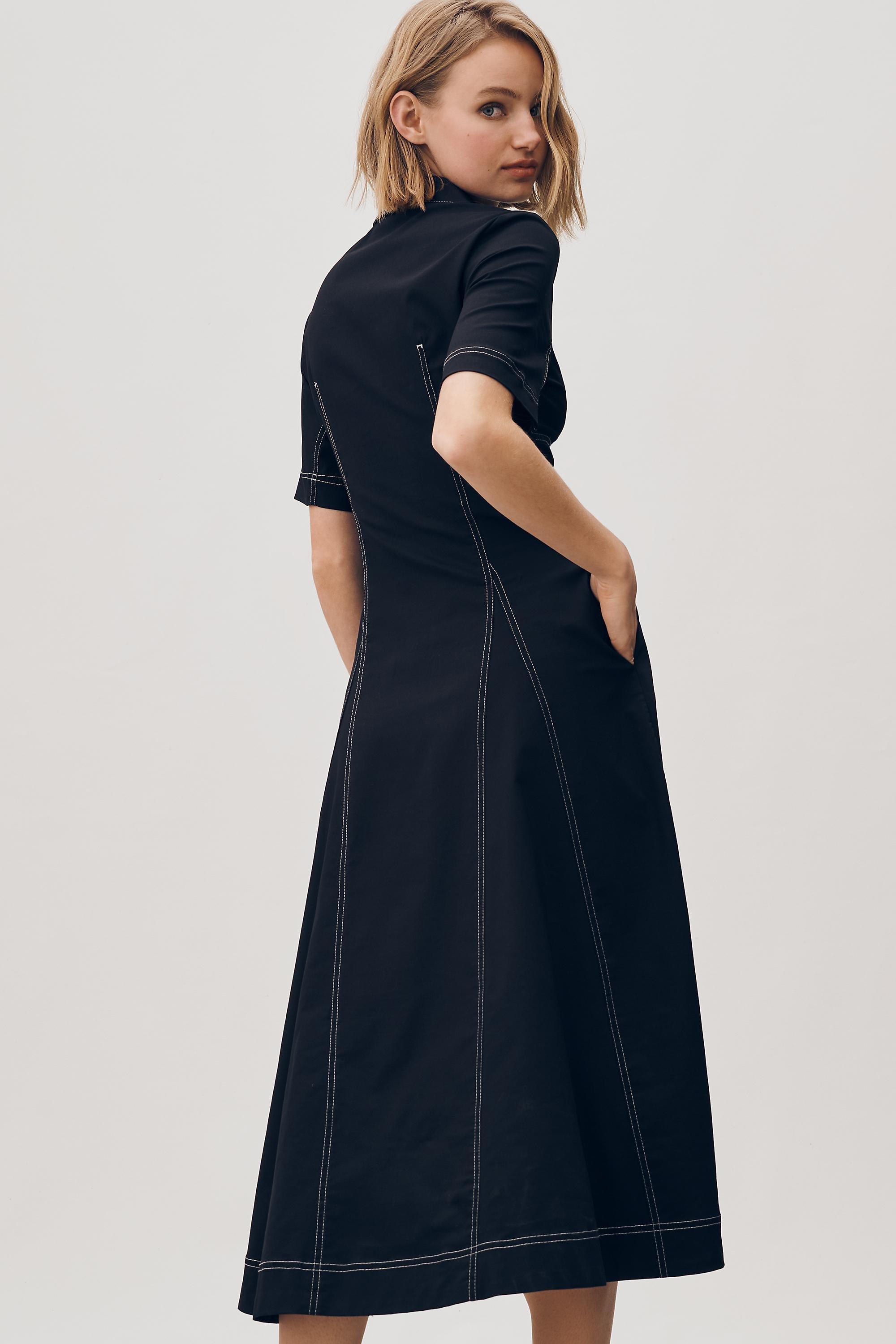 By Exquise Short-Sleeve Seamed Pleated Midi Dress, Black, A501_0001, large image number 1