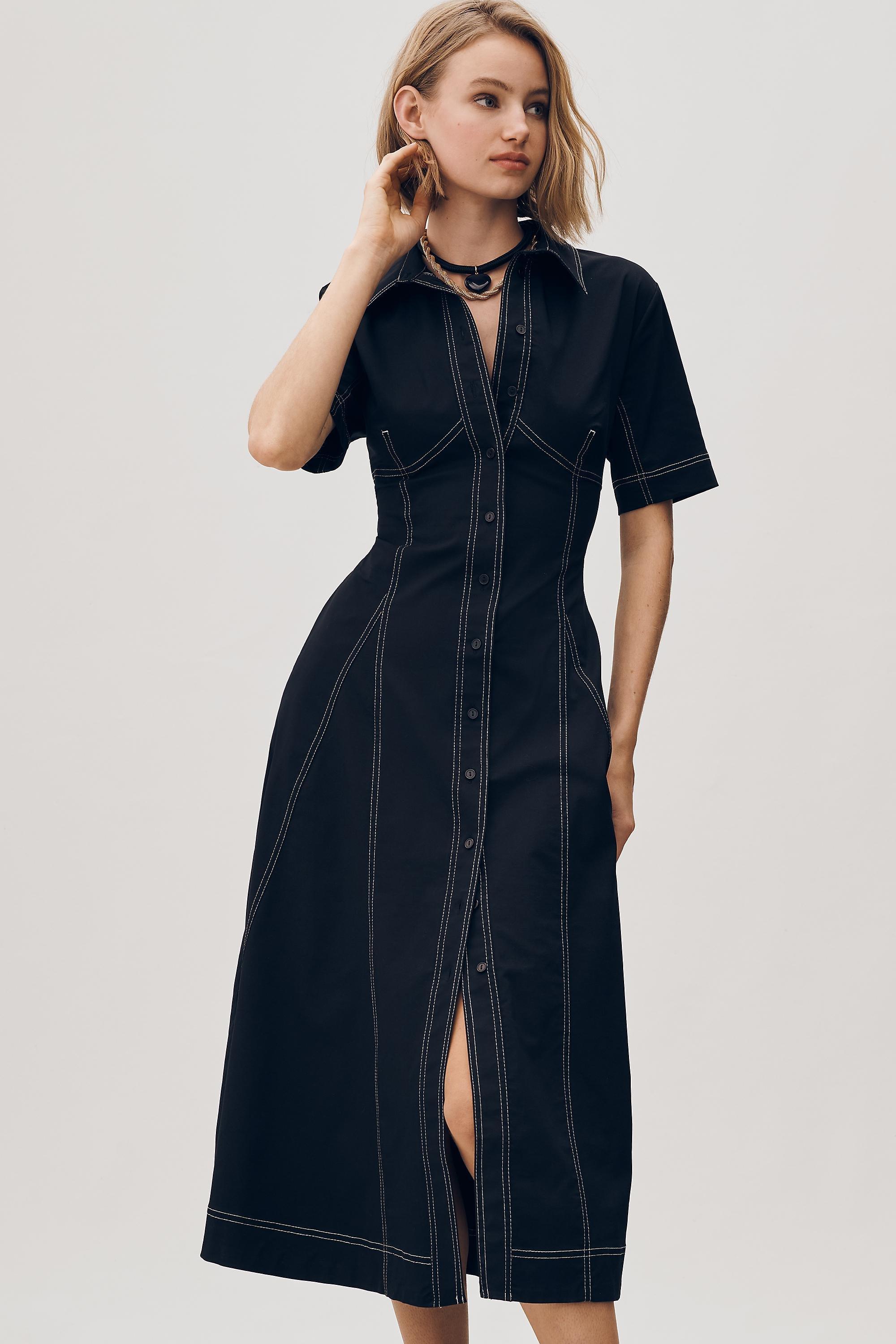 By Exquise Short-Sleeve Seamed Pleated Midi Dress, Black, A501_0001, large image number 2