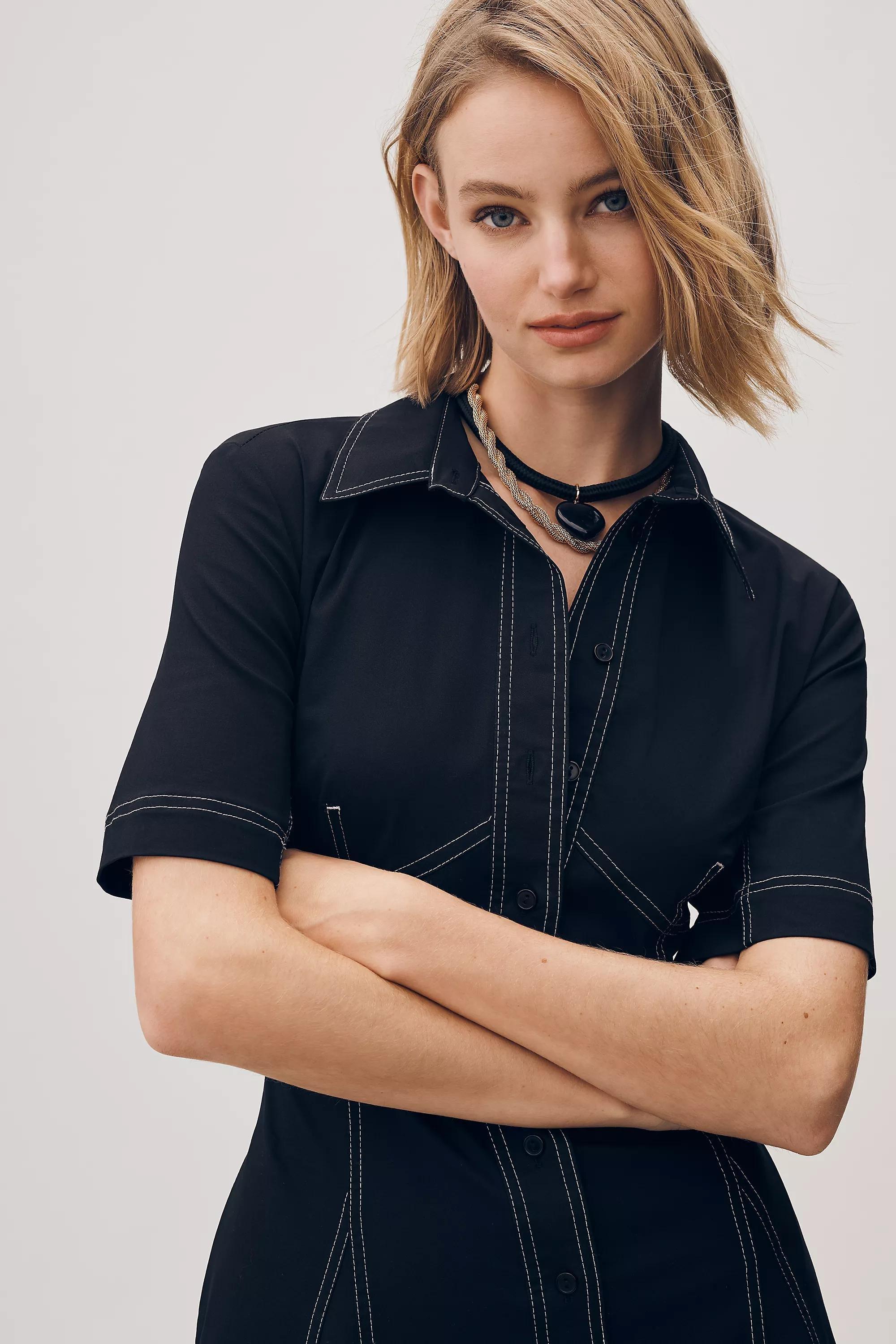 By Exquise Short-Sleeve Seamed Pleated Midi Dress, Black, A501_0001, large image number 3