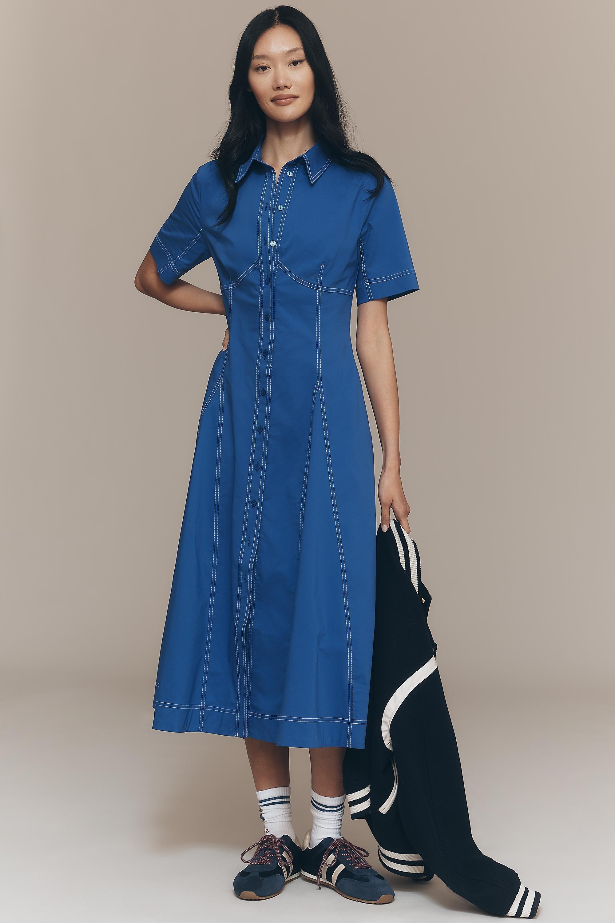 By Exquise Short-Sleeve Seamed Pleated Midi Dress, Blue, Blue, medium