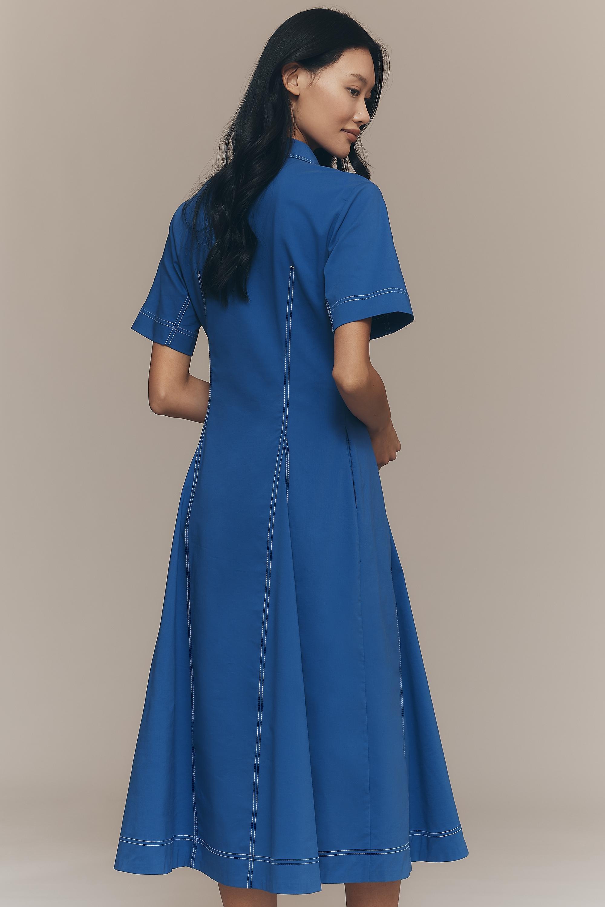 By Exquise Short-Sleeve Seamed Pleated Midi Dress, Blue, Blue, medium