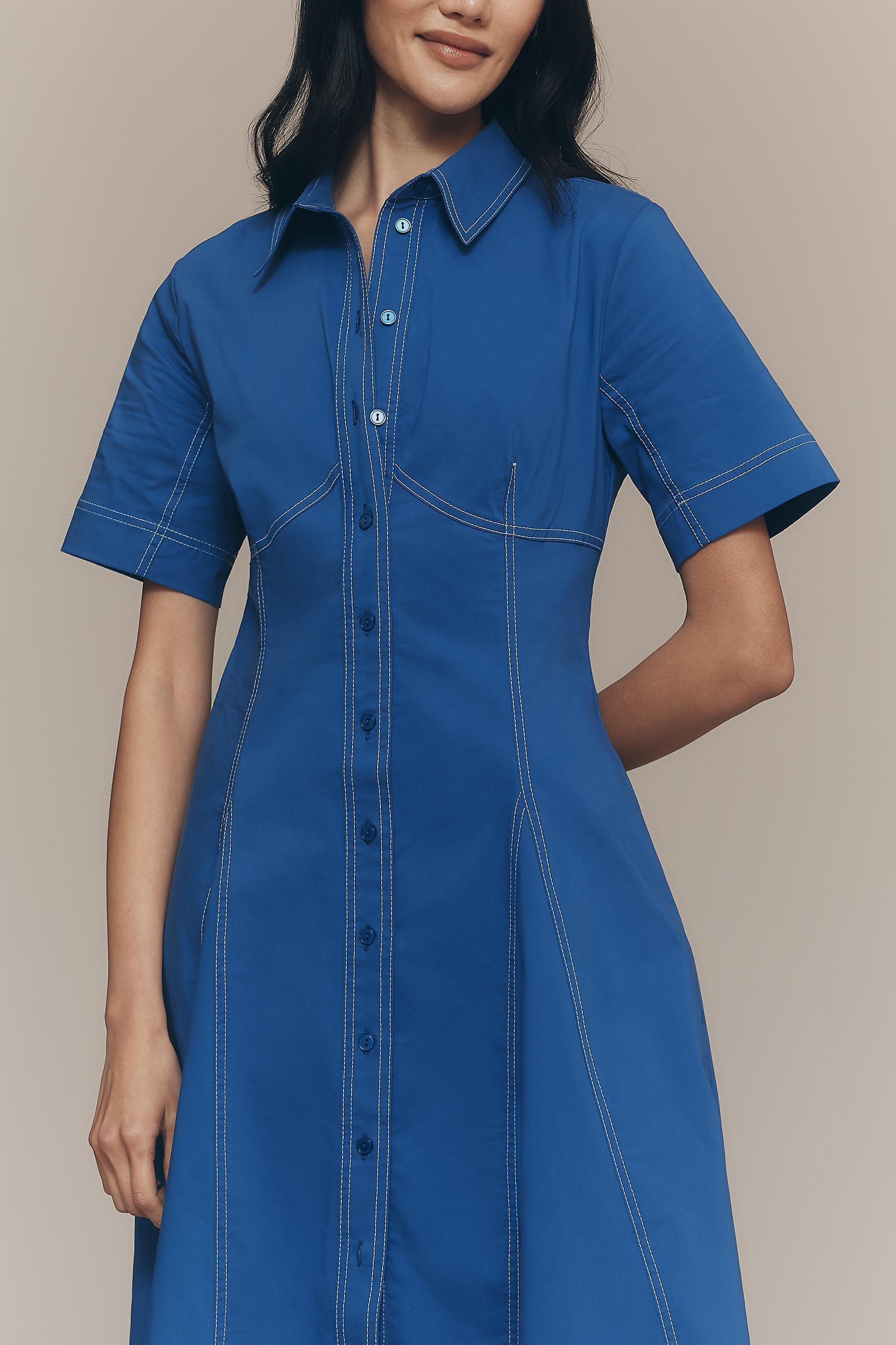 By Exquise Short-Sleeve Seamed Pleated Midi Dress, Blue, A501_0043, large image number 2
