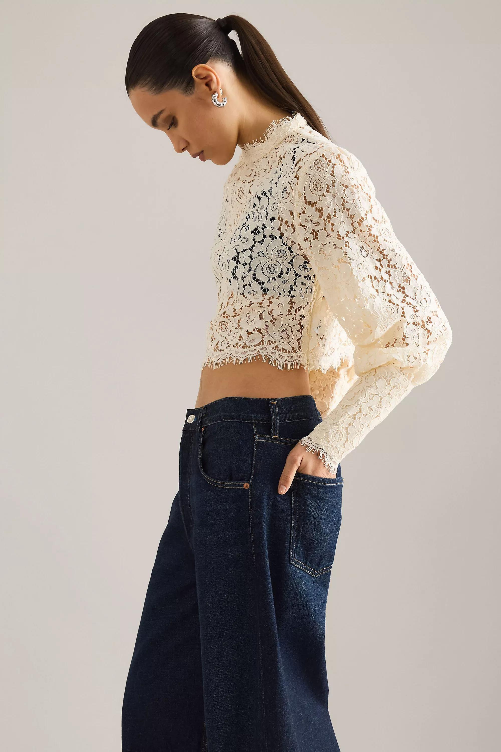 LIGHT SAND Bardot Georgia Lace Long-Sleeve Crop Top, A501_0013, large image number 2