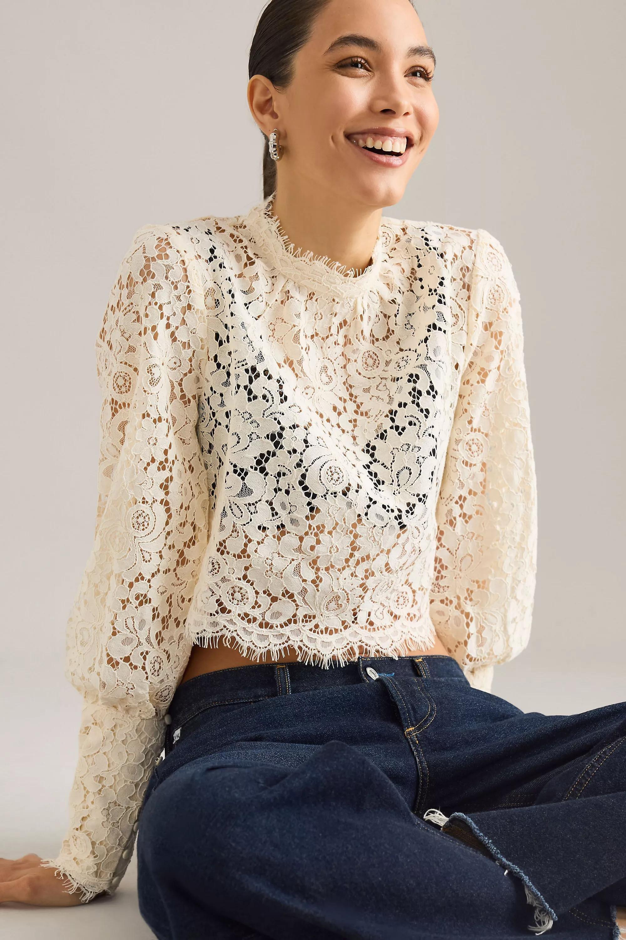 LIGHT SAND Bardot Georgia Lace Long-Sleeve Crop Top, A501_0013, large image number 5
