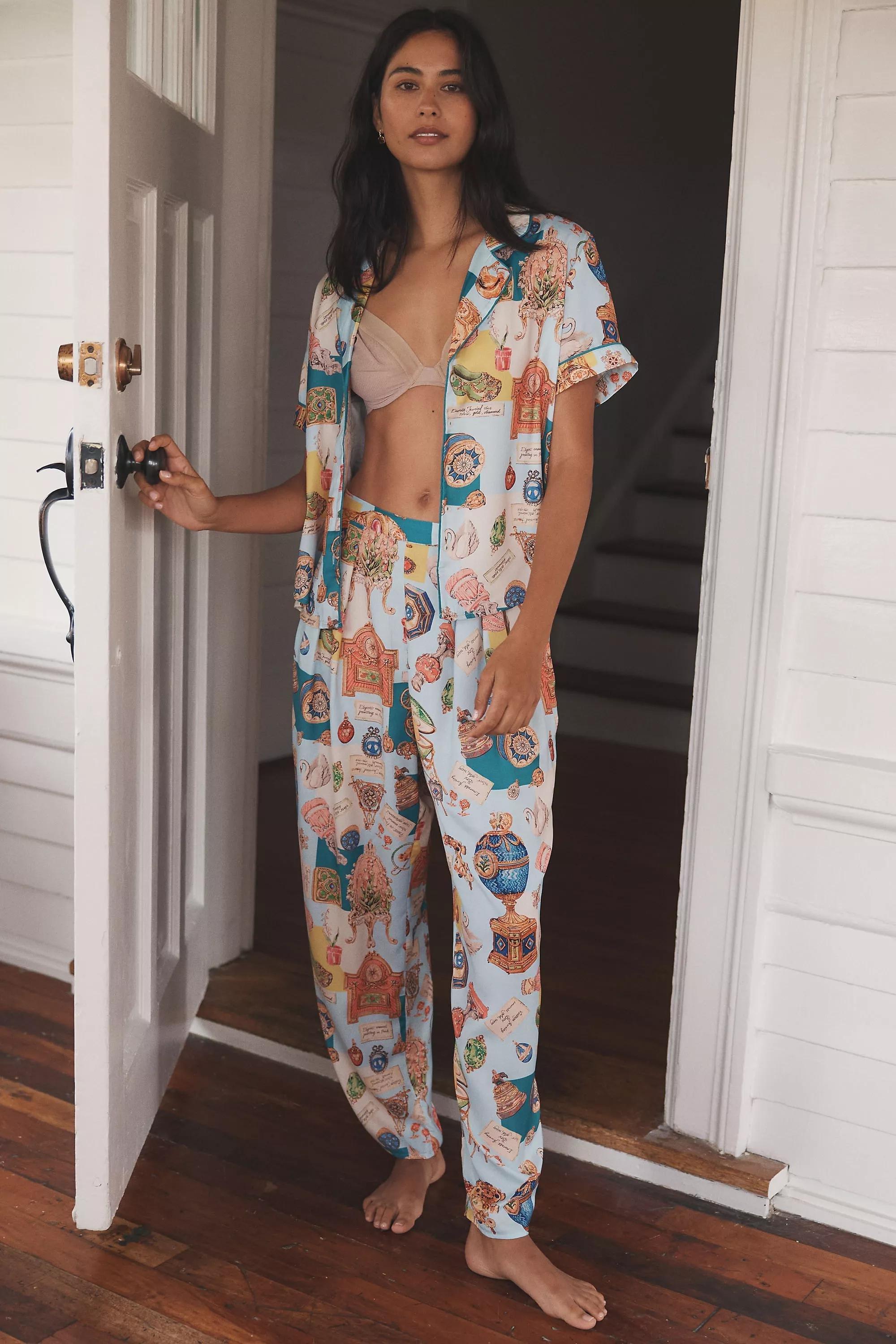 Lyrebird Printed Silky Barrel Pyjama Bottoms, Blue, A501_0049, large image number 0