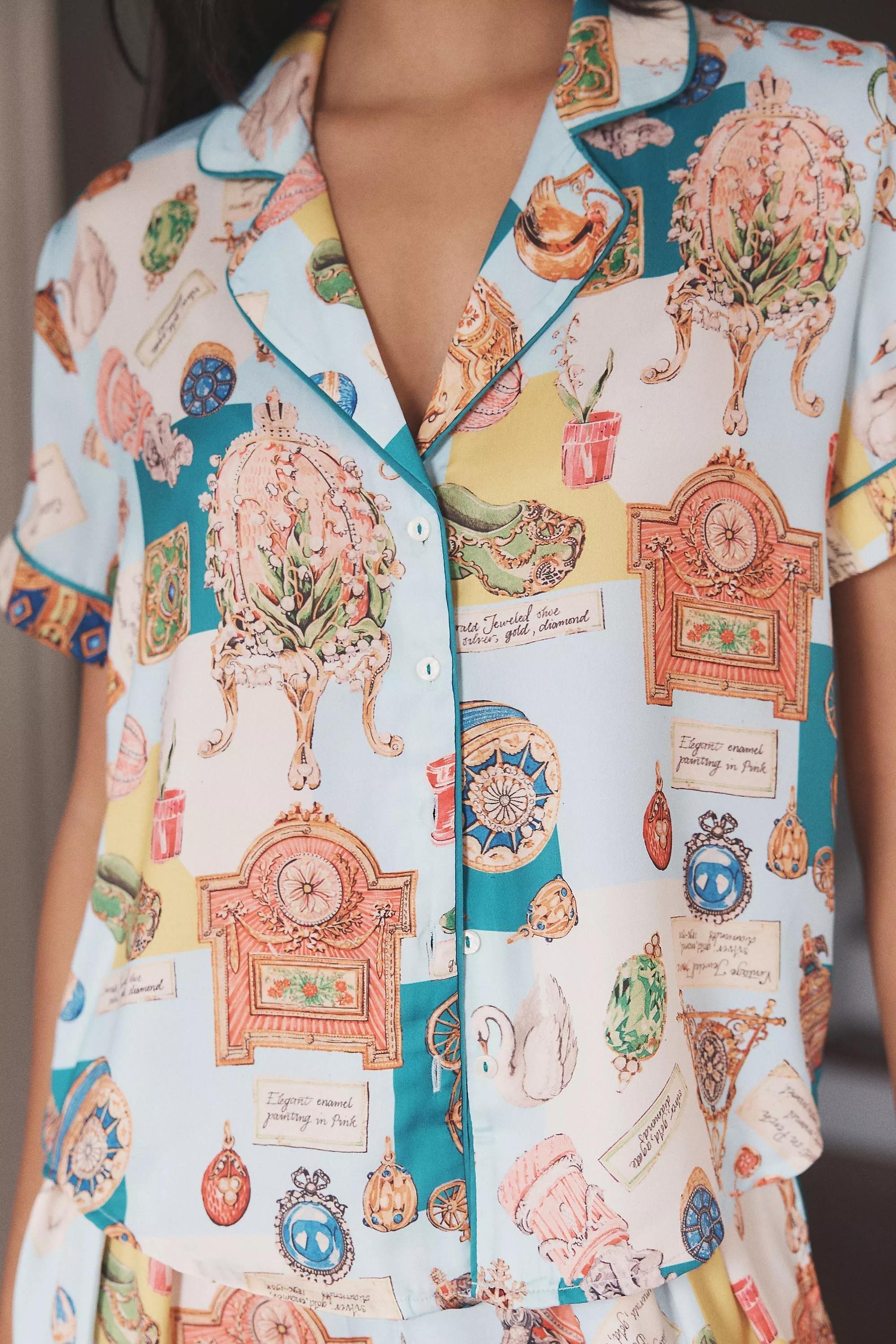 Lyrebird Short-Sleeve Silky Printed Pyjama Top, Blue, A501_0049, large image number 1