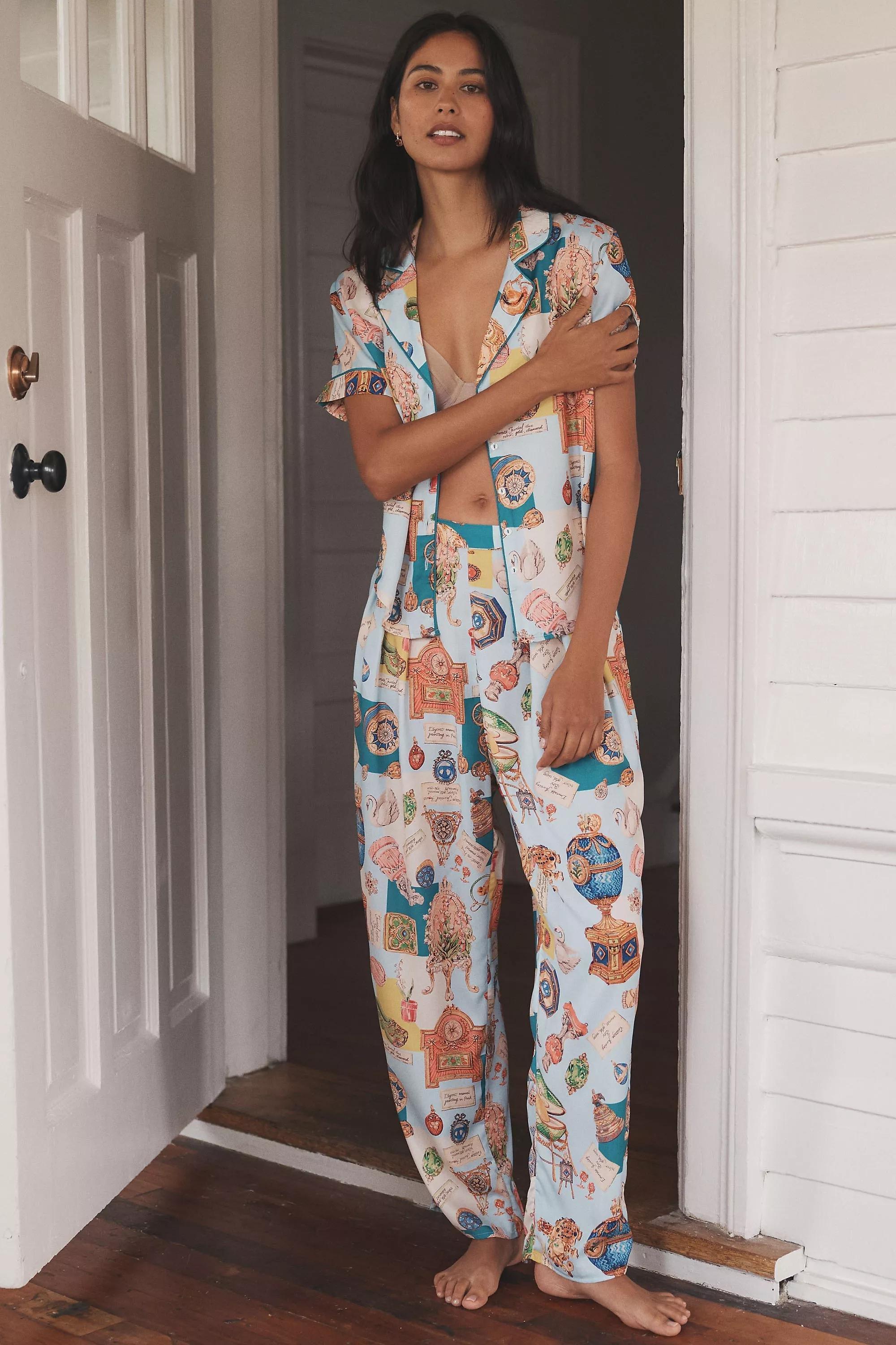 Lyrebird Short-Sleeve Silky Printed Pyjama Top, Blue, A501_0049, large image number 2