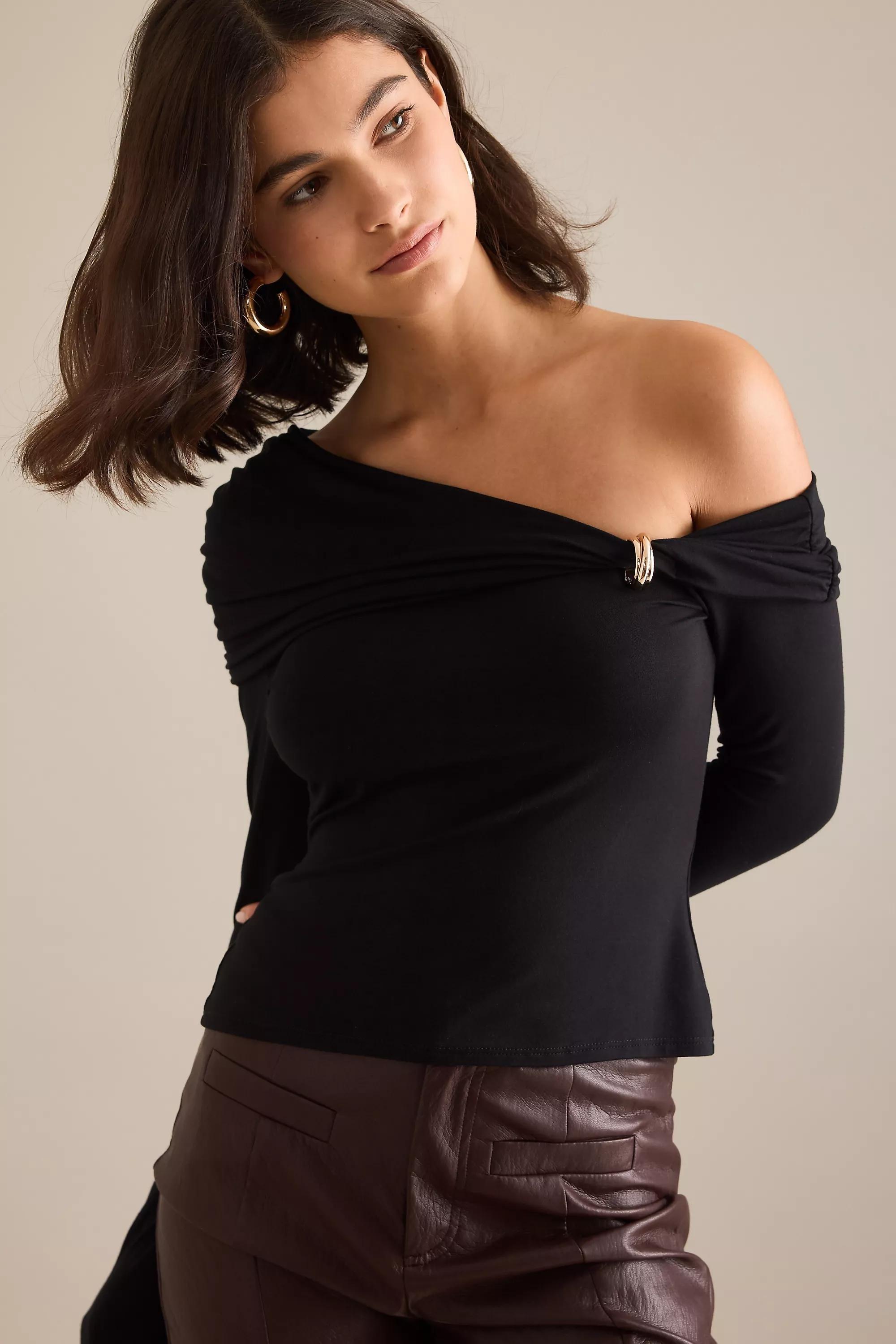 By Anthropologie Long-Sleeve Hardware Top, Black, A501_0001, large image number 0