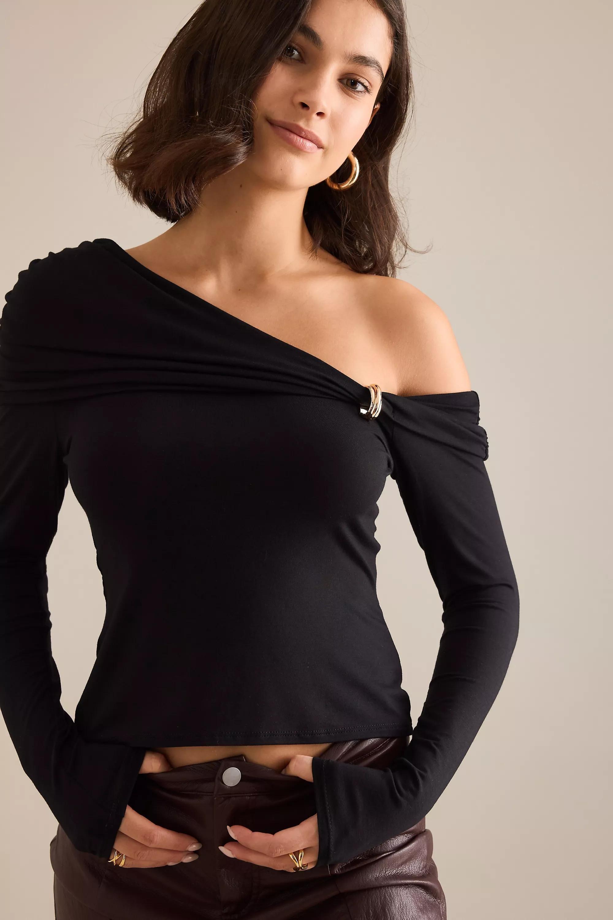 By Anthropologie Long-Sleeve Hardware Top, Black, A501_0001, large image number 3