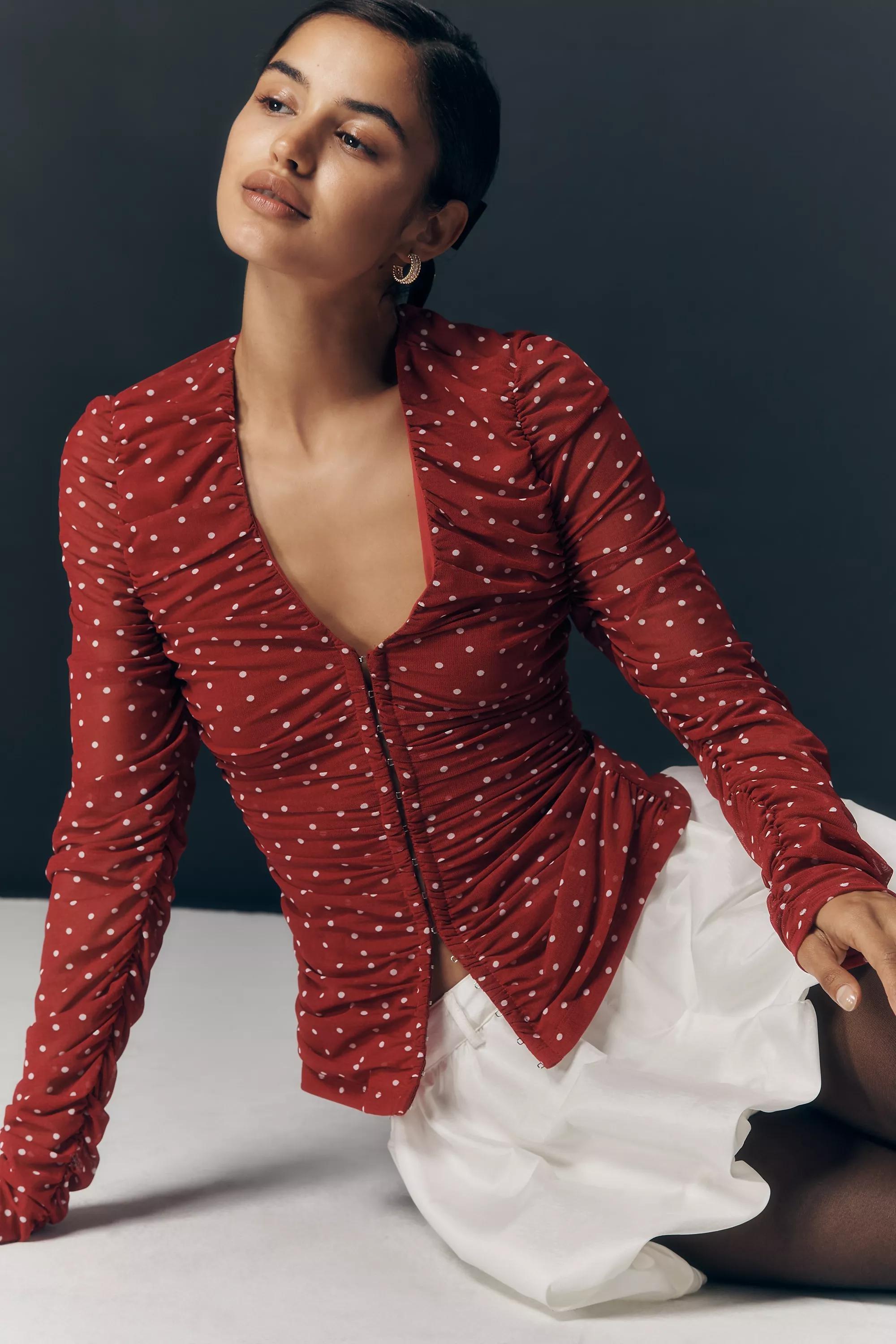 Maeve Ruched Long-Sleeve V-Neck Top, Red, A501_0573, medium