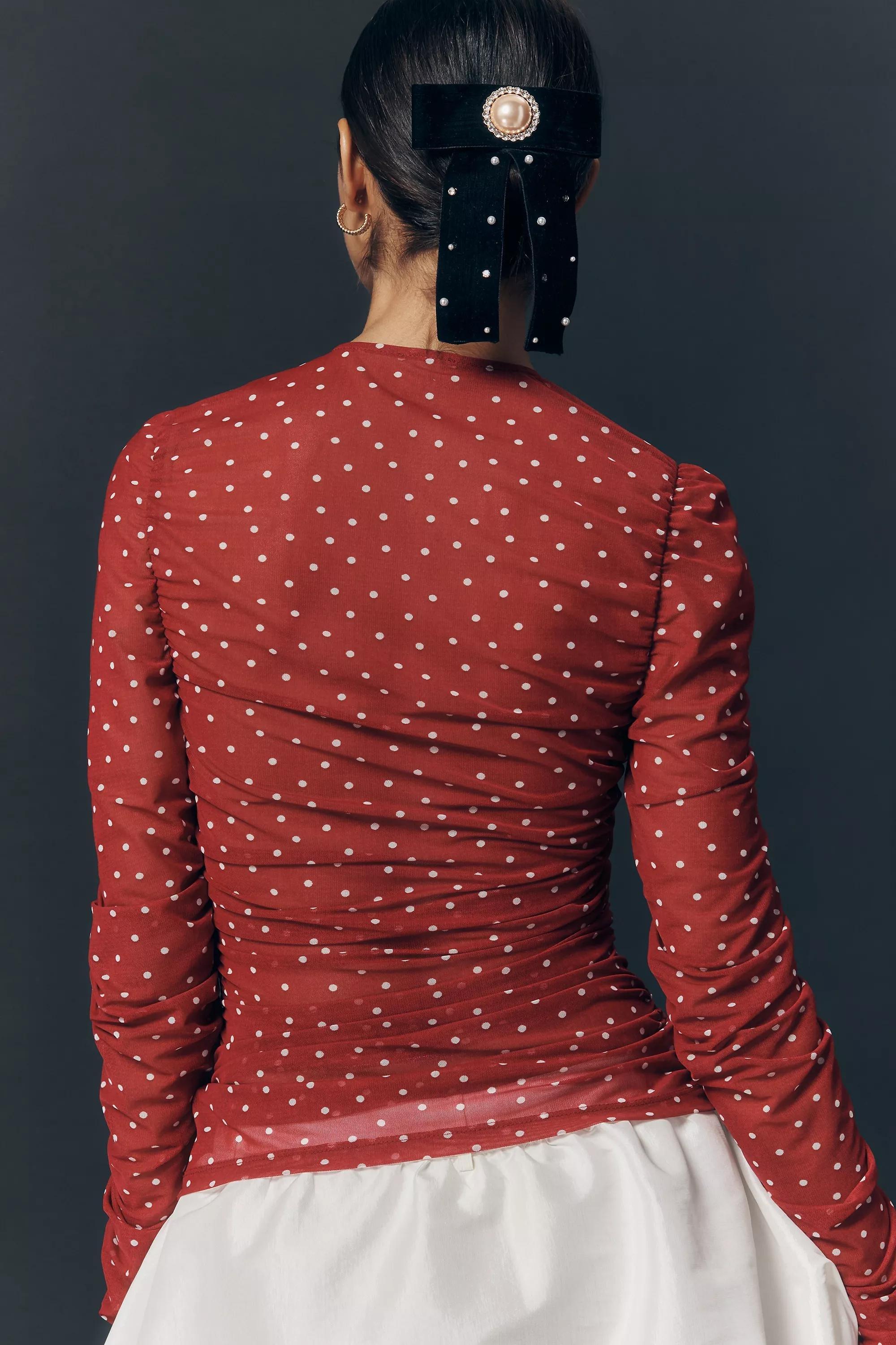 Maeve Ruched Long-Sleeve V-Neck Top, Red, A501_0573, large image number 1