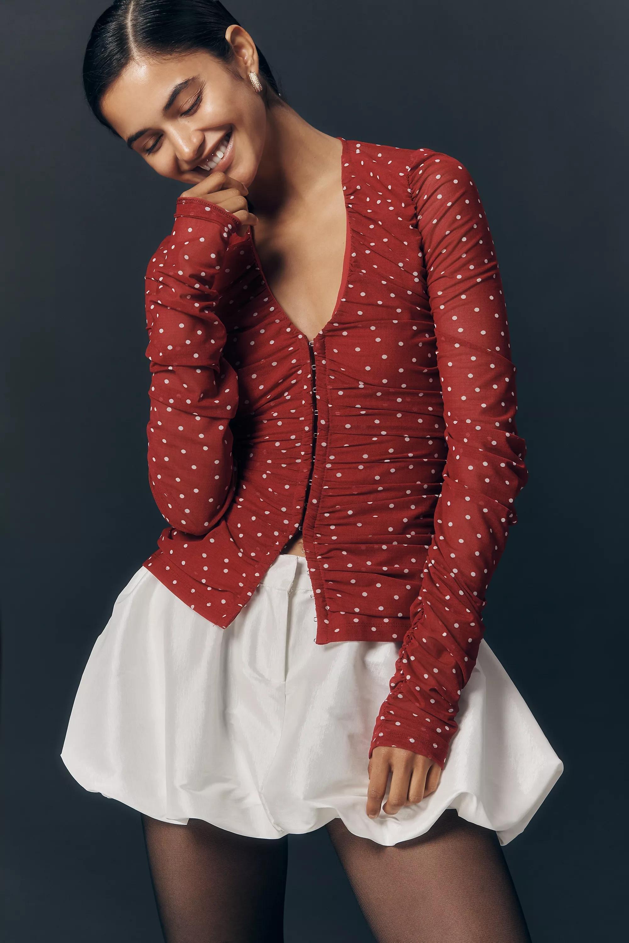 Maeve Ruched Long-Sleeve V-Neck Top, Red, A501_0573, large image number 3