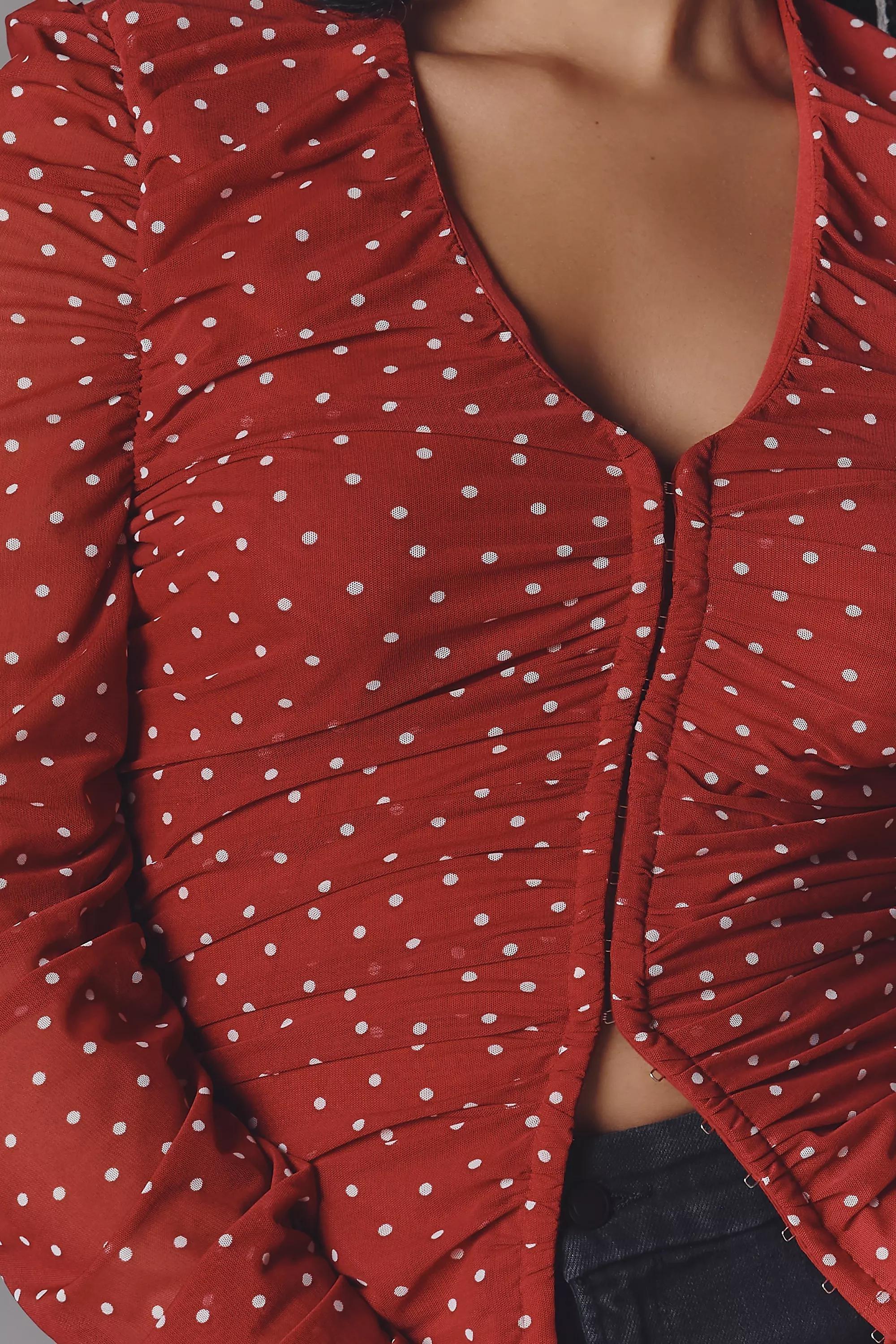 Maeve Ruched Long-Sleeve V-Neck Top, Red, A501_0573, large image number 5