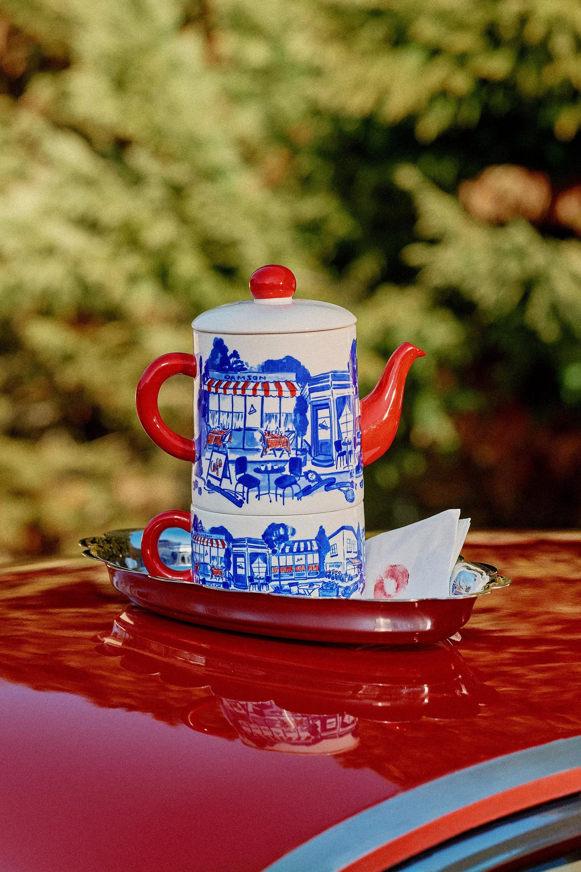 Damson Madder Tea Pot And Cup, Red, A501_0069, large image number 1