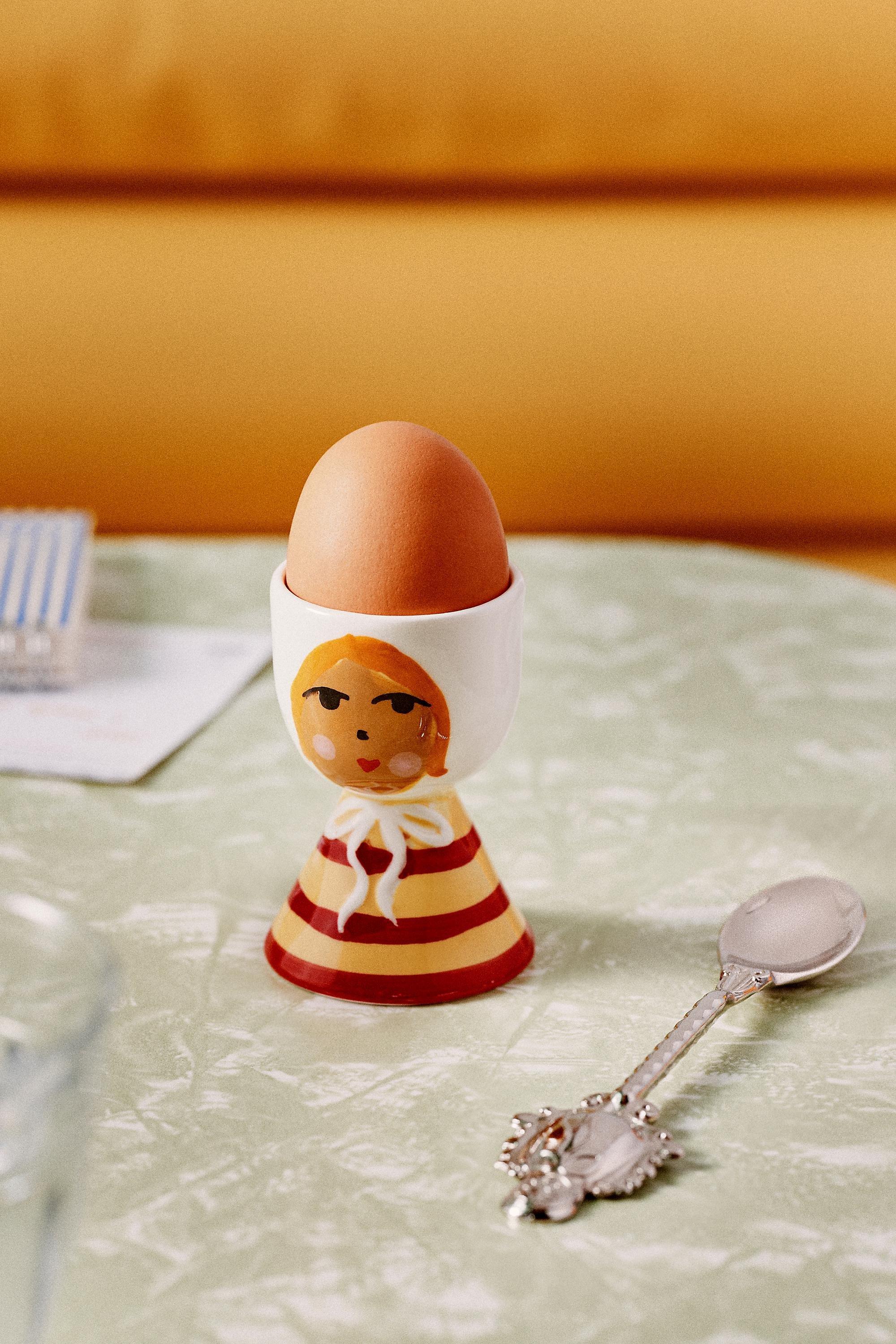 Damson Madder Stoneware Egg Cup, Yellow Stripe, Yellow, medium