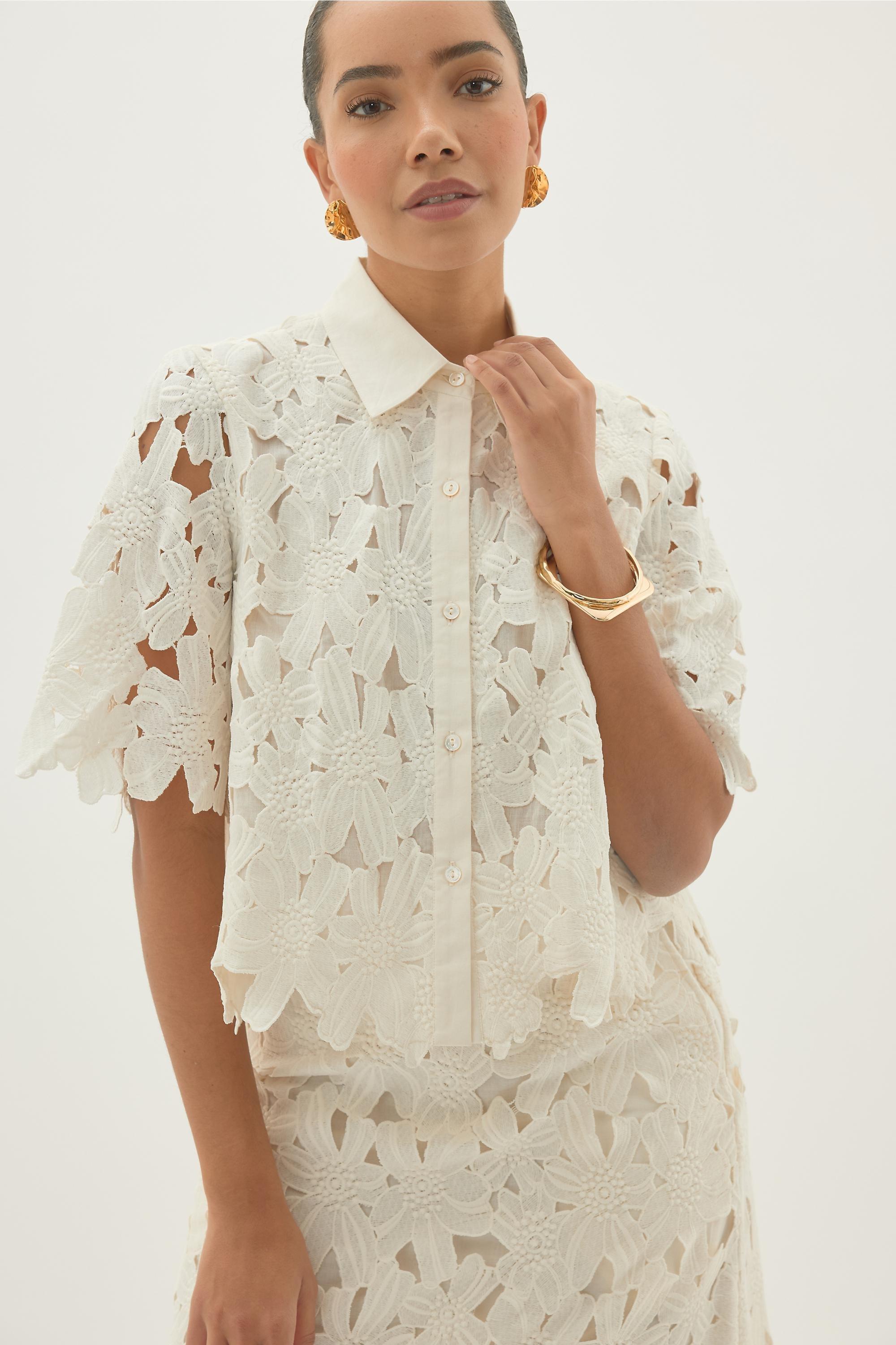 By Anthropologie Cutwork Floral Blouse, White, A501_0010, medium