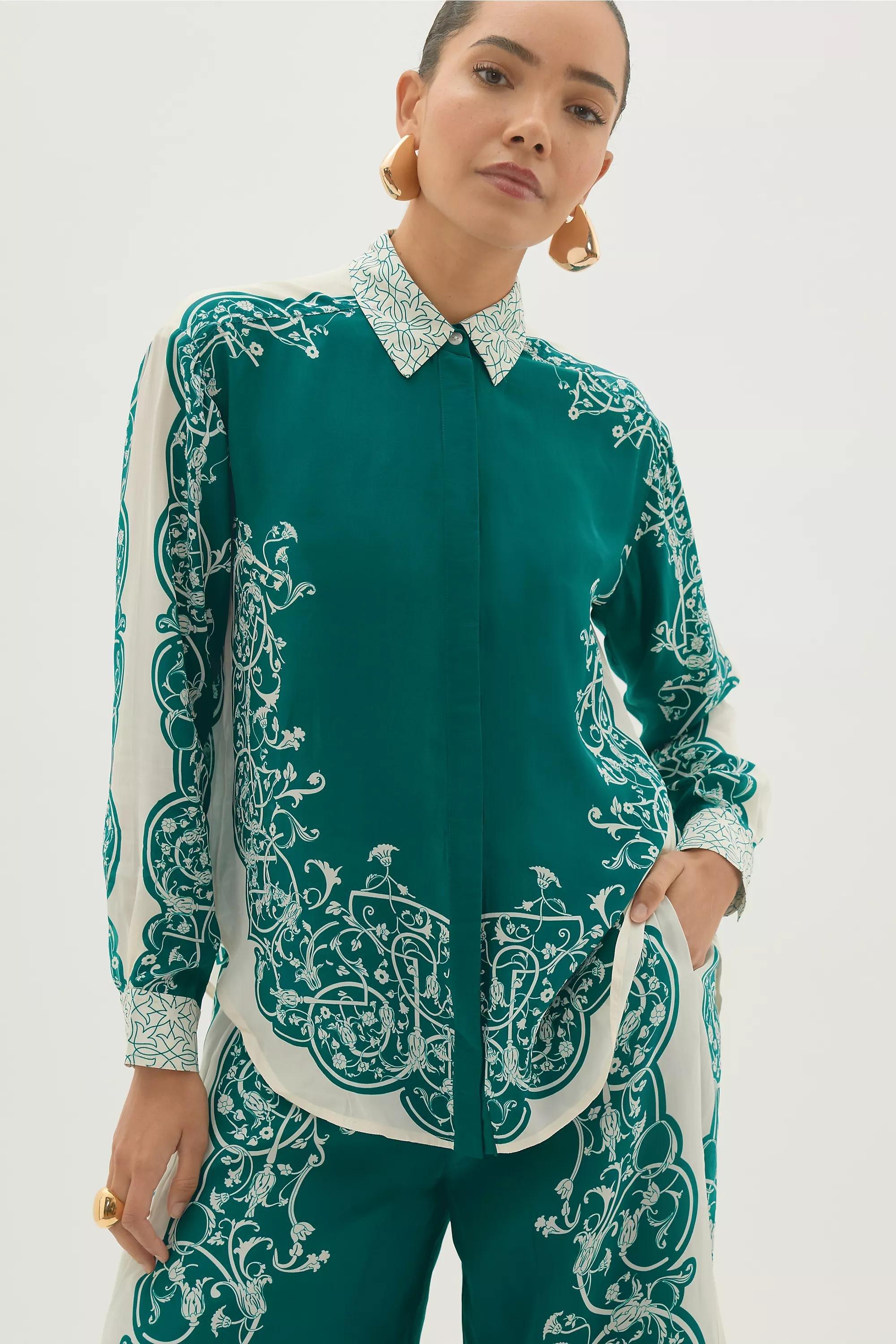By Anthropologie Printed Long-Sleeve Blouse, Green, A501_0038, large image number 1