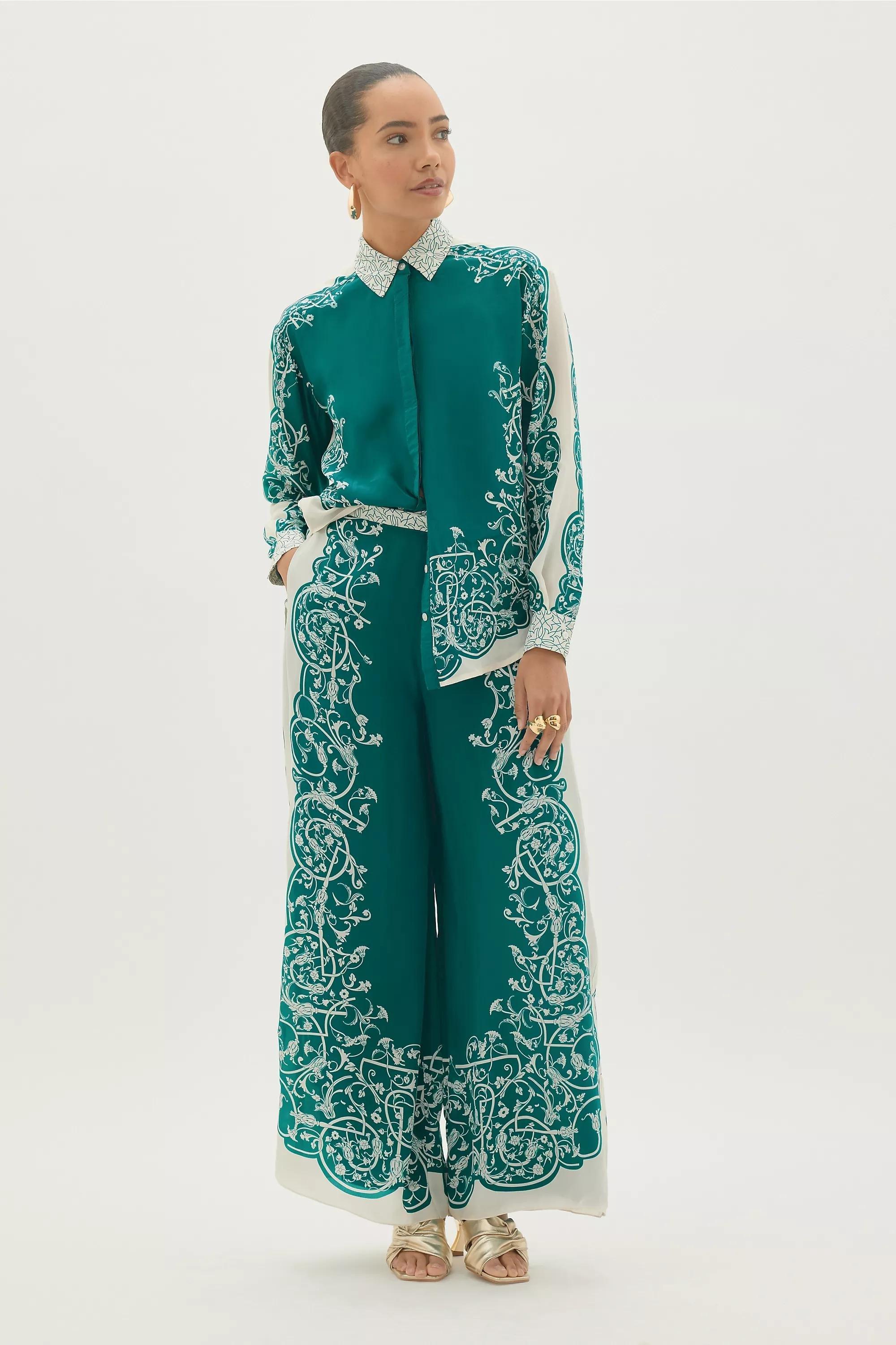 By Anthropologie Silky Printed Wide-Leg Trousers, Green, A501_0038, large image number 1