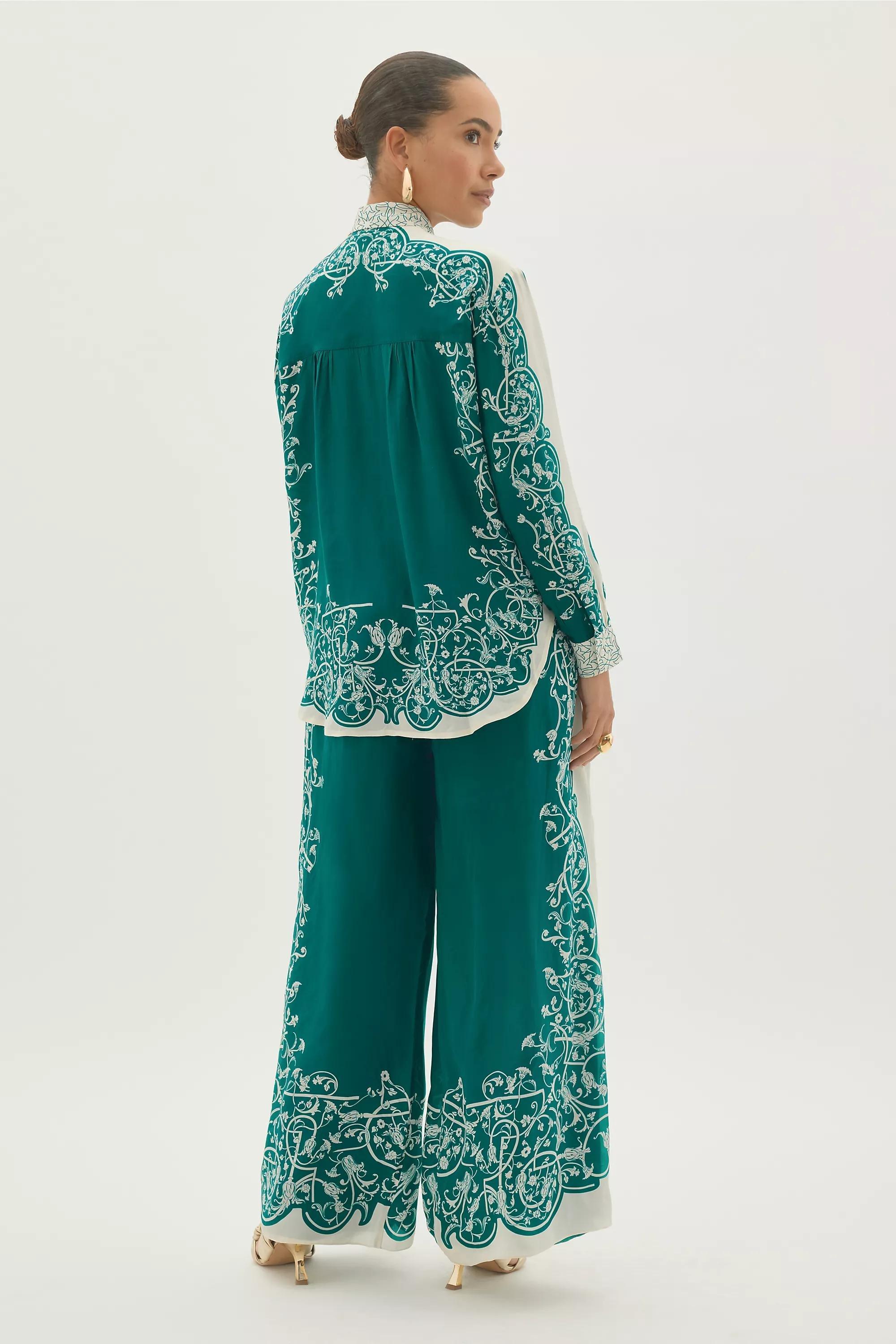By Anthropologie Silky Printed Wide-Leg Trousers, Green, A501_0038, large image number 3