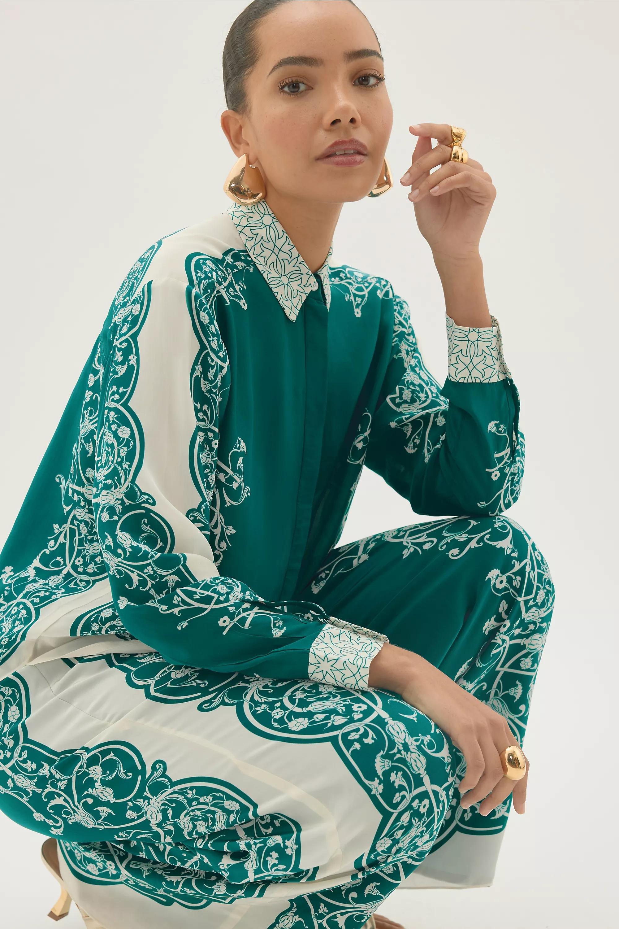 By Anthropologie Silky Printed Wide-Leg Trousers, Green, A501_0038, large image number 3