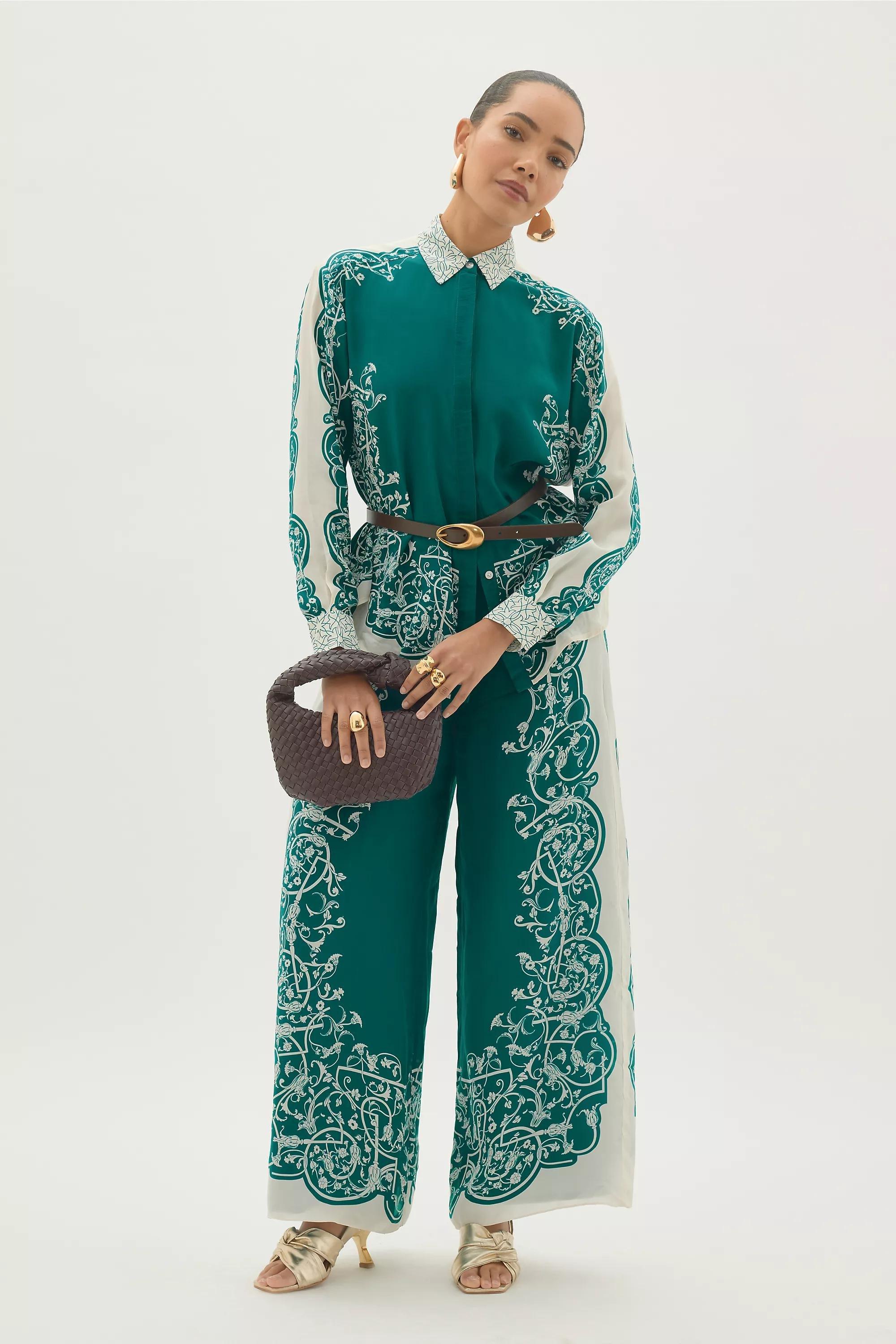 By Anthropologie Silky Printed Wide-Leg Trousers, Green, A501_0038, large image number 4
