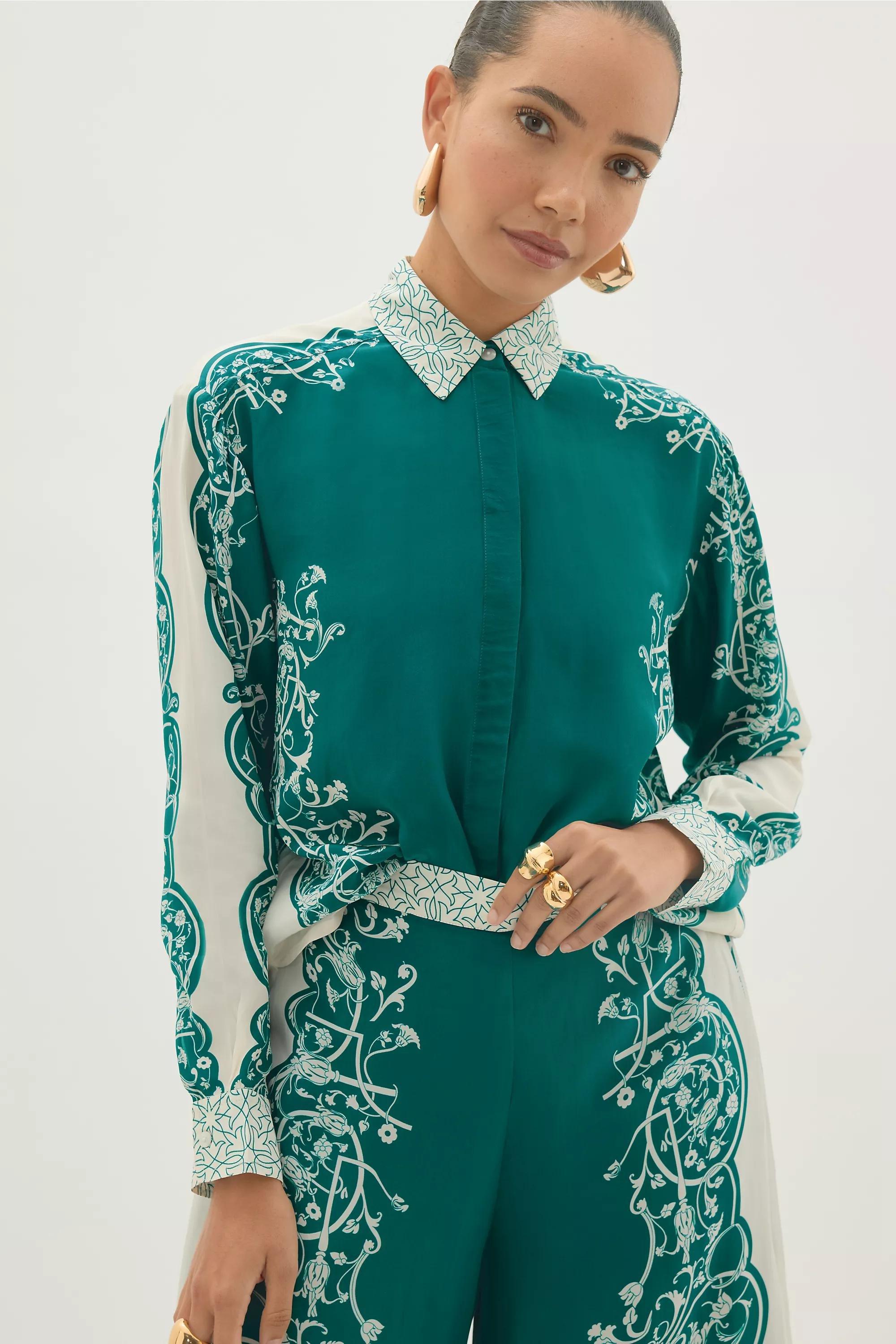 By Anthropologie Silky Printed Wide-Leg Trousers, Green, A501_0038, large image number 5