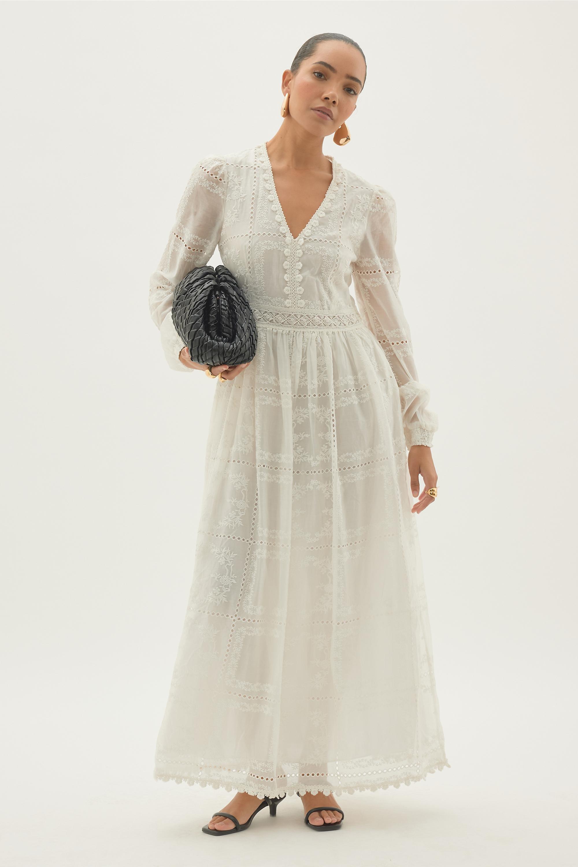 By Anthropologie Long-Sleeve Embroidered Maxi Dress, White, White, large image number 0