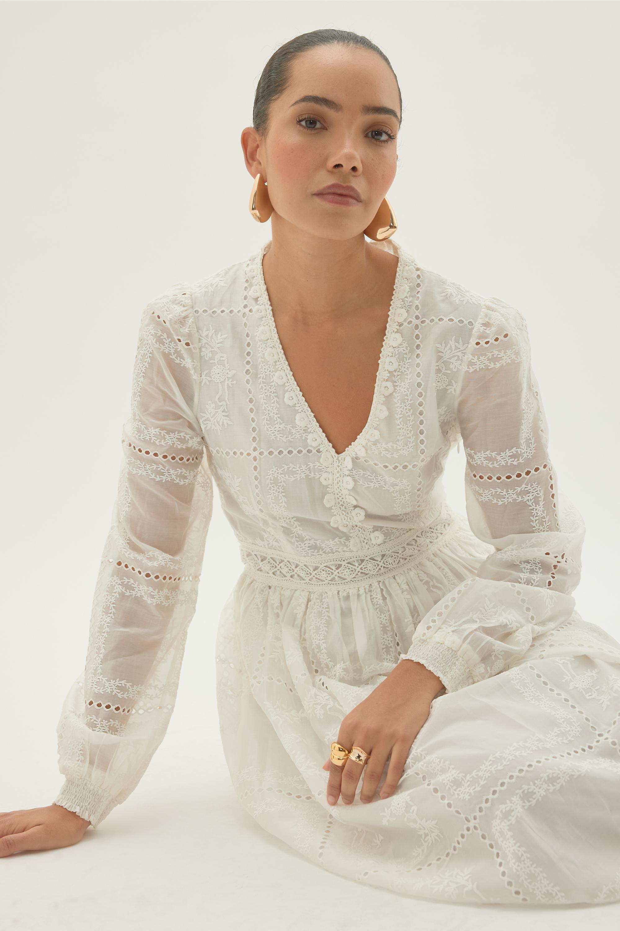 By Anthropologie Long-Sleeve Embroidered Maxi Dress, White, White, large image number 3