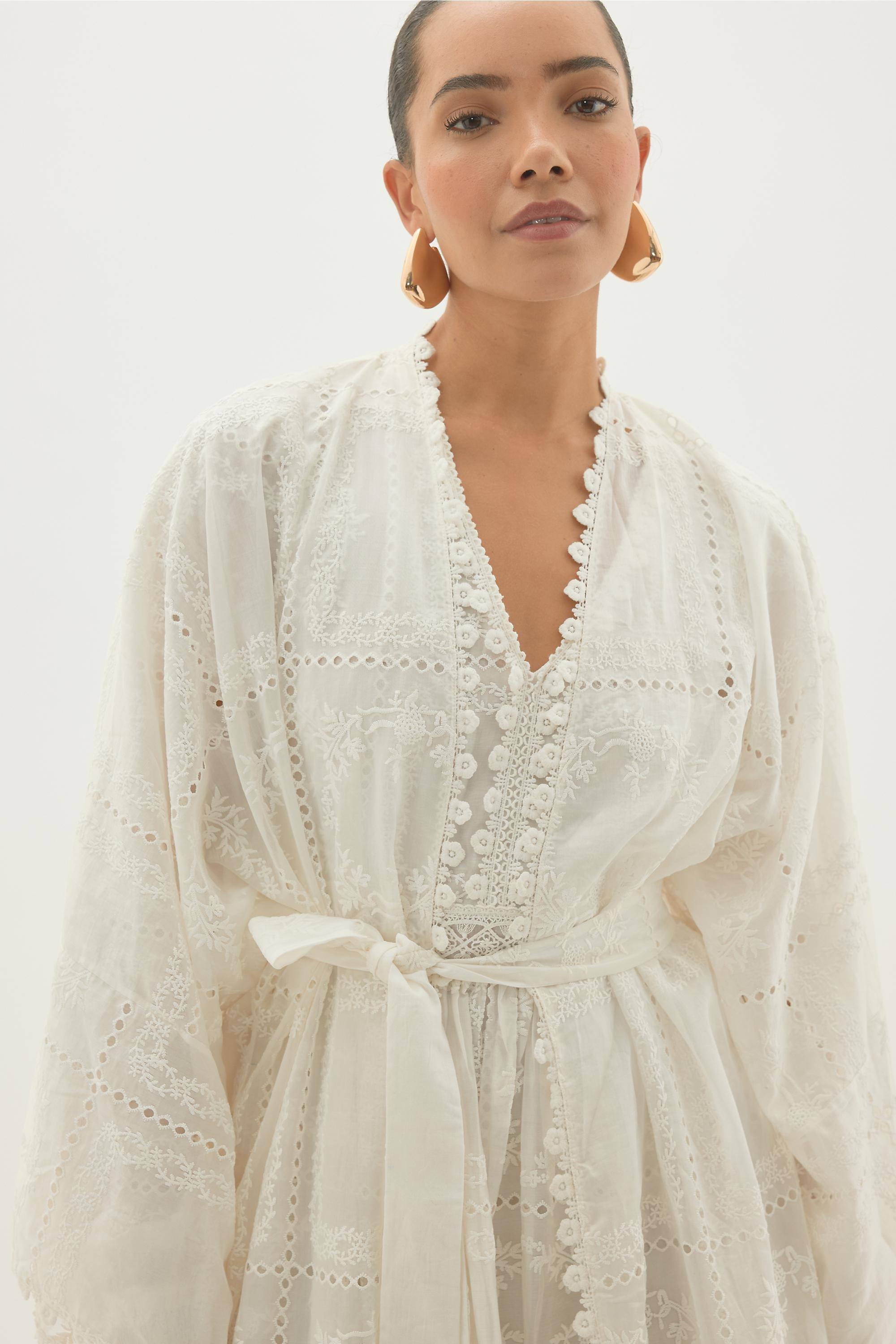 By Anthropologie Embroidered Kimono, White, A501_0010, medium