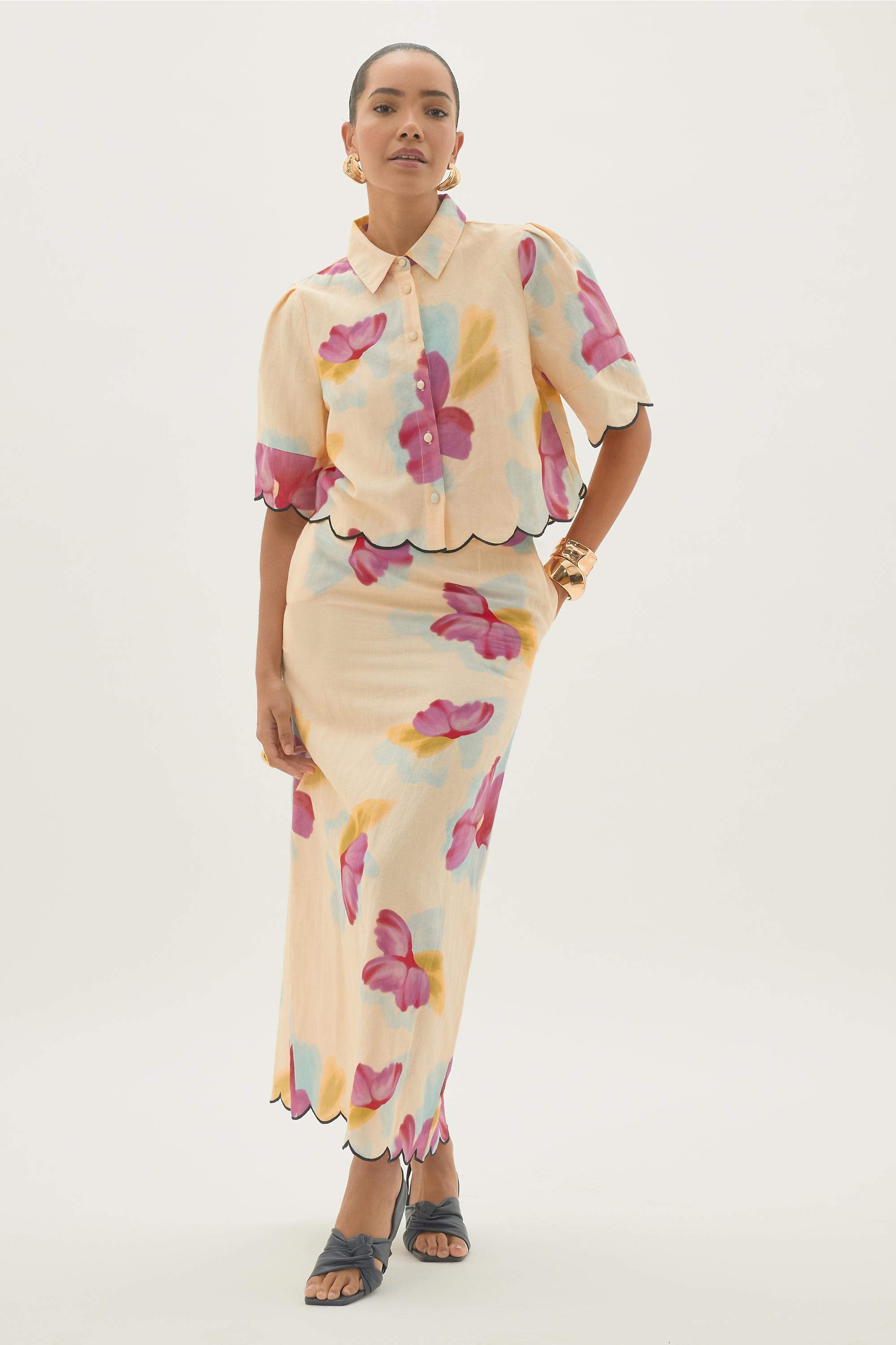 By Anthropologie Cotton-Linen Floral Scallop Maxi Skirt, Multicolour, A501_0000, large image number 0