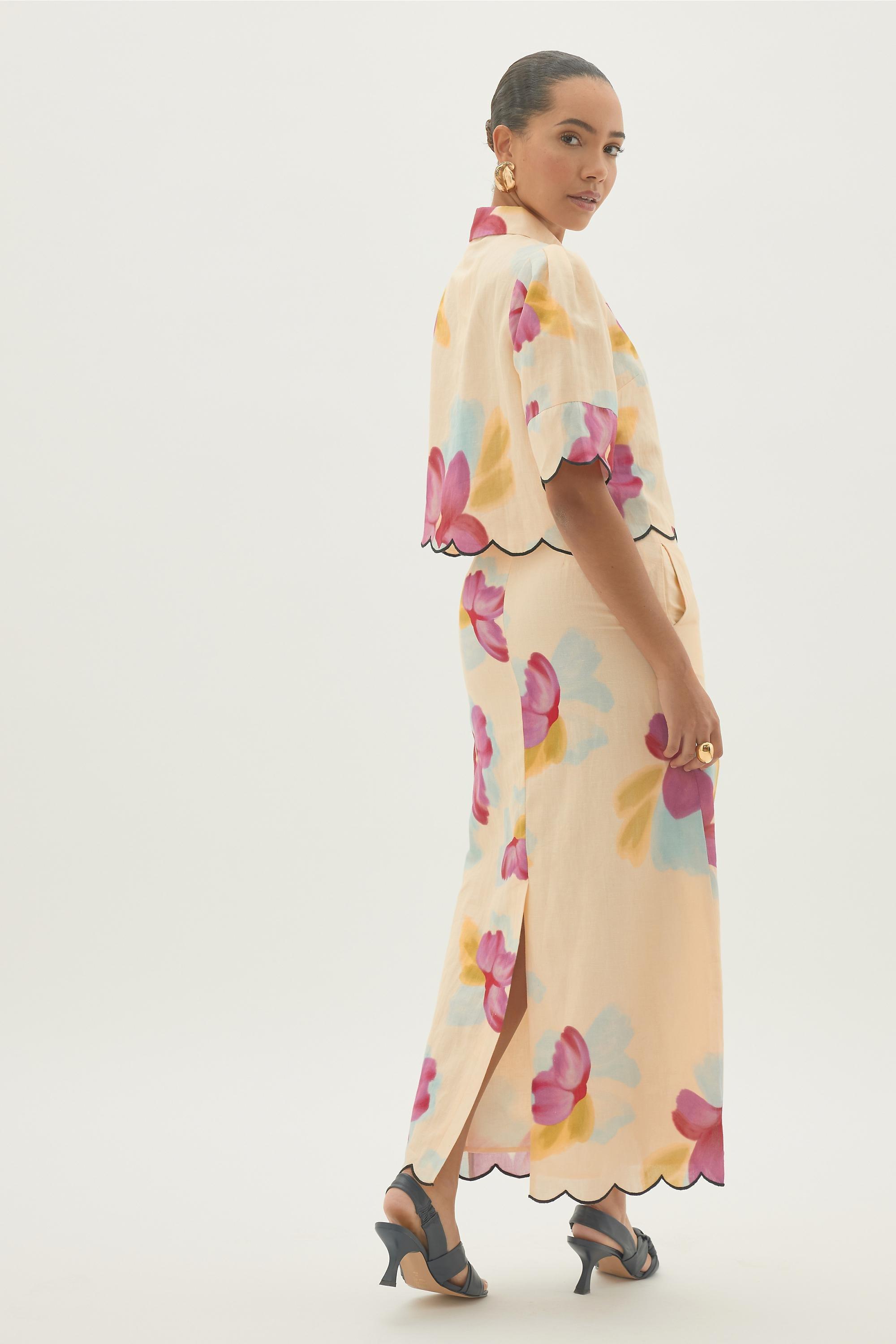 By Anthropologie Cotton-Linen Floral Scallop Maxi Skirt, Multicolour, A501_0000, large image number 1