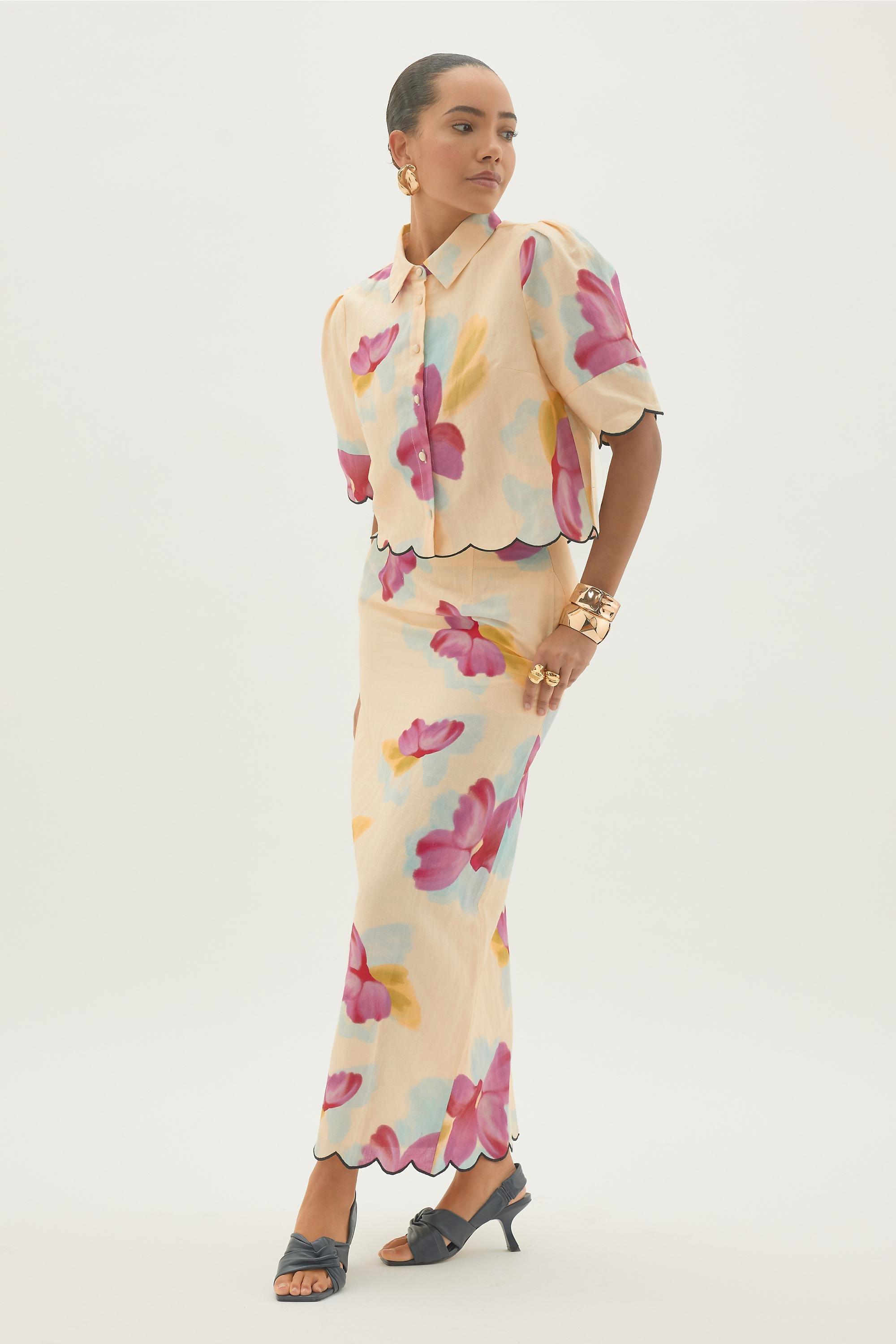 By Anthropologie Cotton-Linen Floral Scallop Maxi Skirt, Multicolour, A501_0000, large image number 2