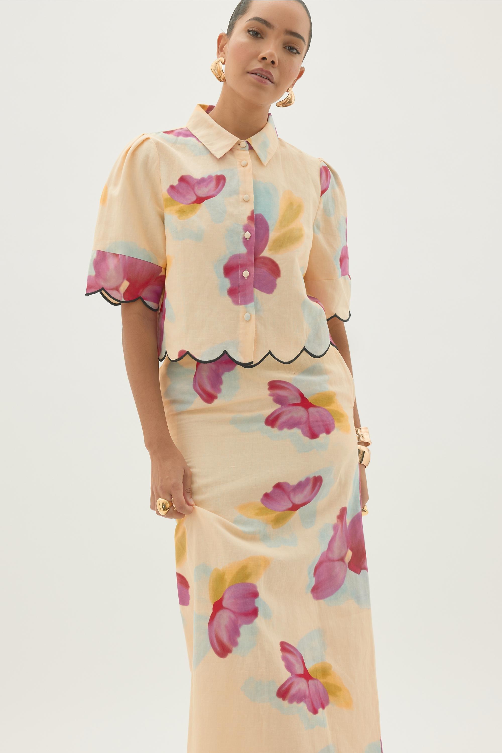 By Anthropologie Cotton-Linen Floral Scallop Maxi Skirt, Multicolour, A501_0000, large image number 3