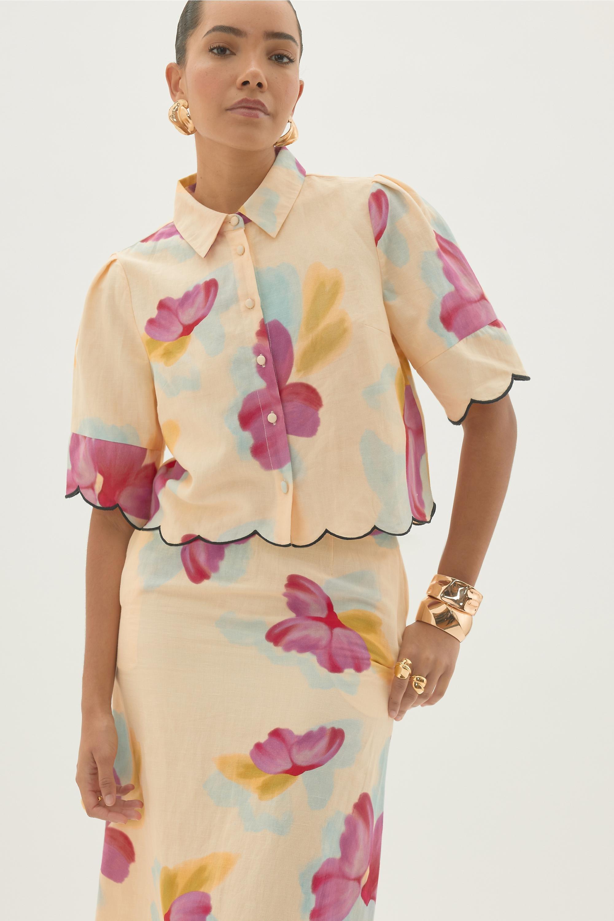 By Anthropologie Cotton-Linen Floral Scallop Maxi Skirt, Multicolour, A501_0000, large image number 4