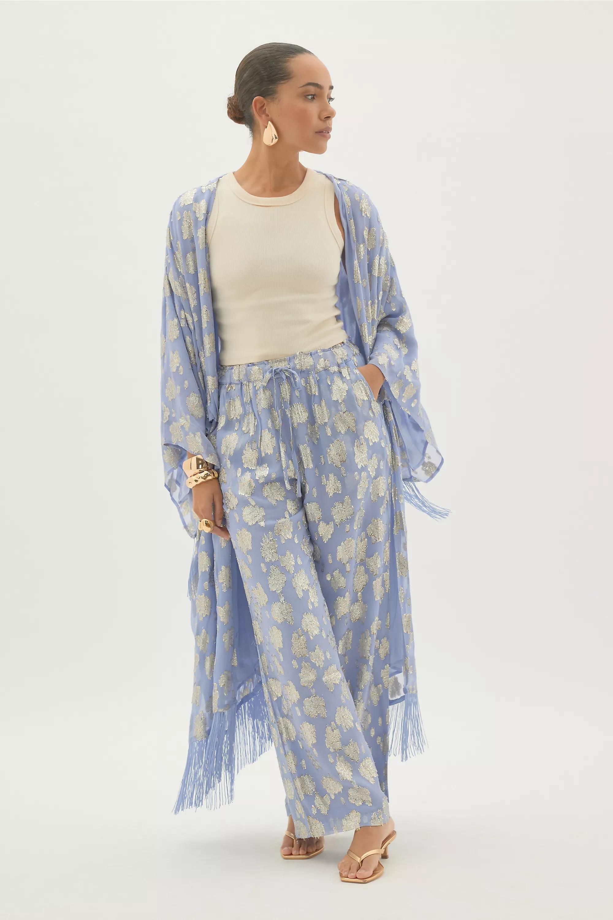 By Anthropologie Floral Jacquard Trousers, Blue, A501_0045, medium