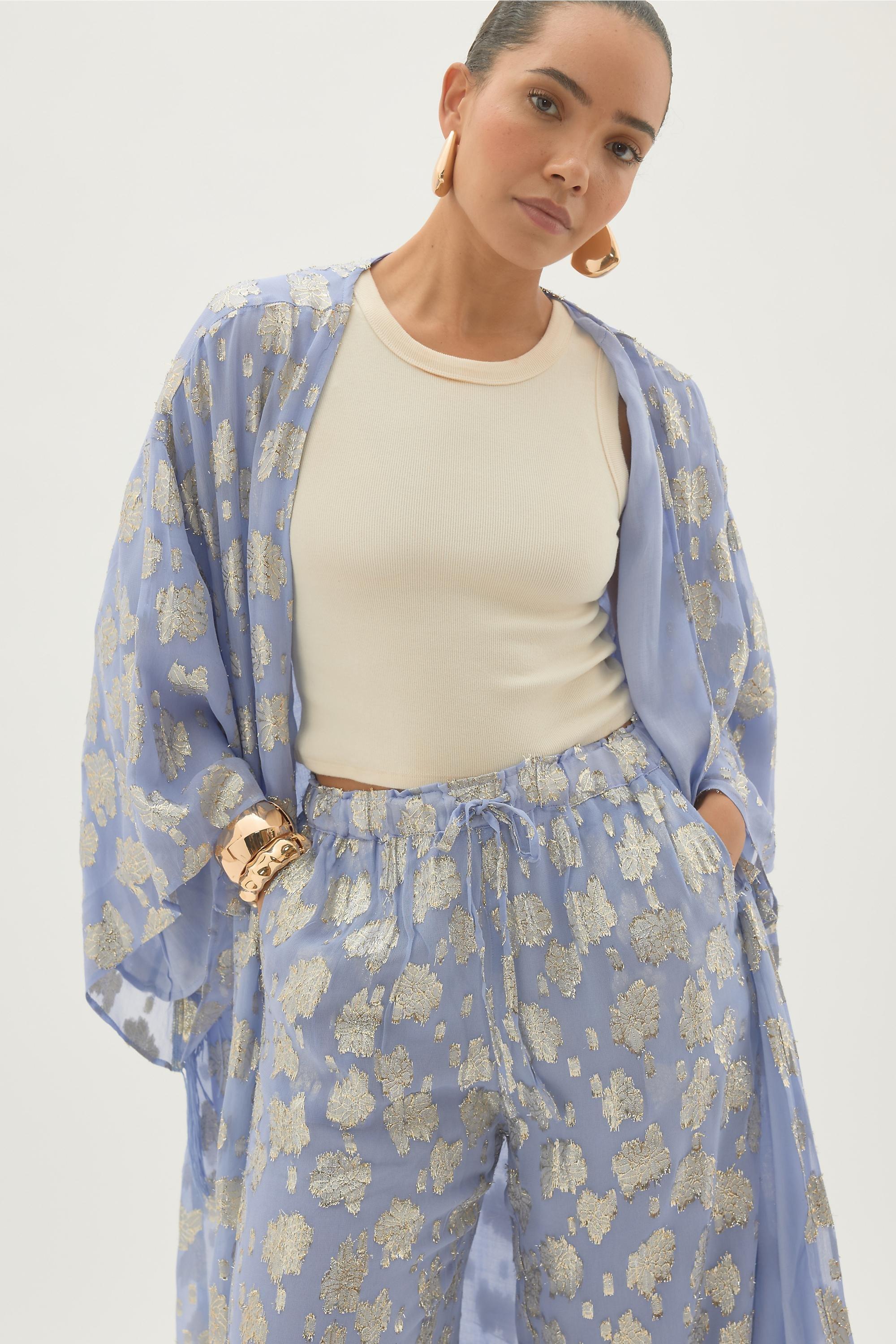 By Anthropologie Floral Jacquard Trousers, Blue, A501_0045, medium