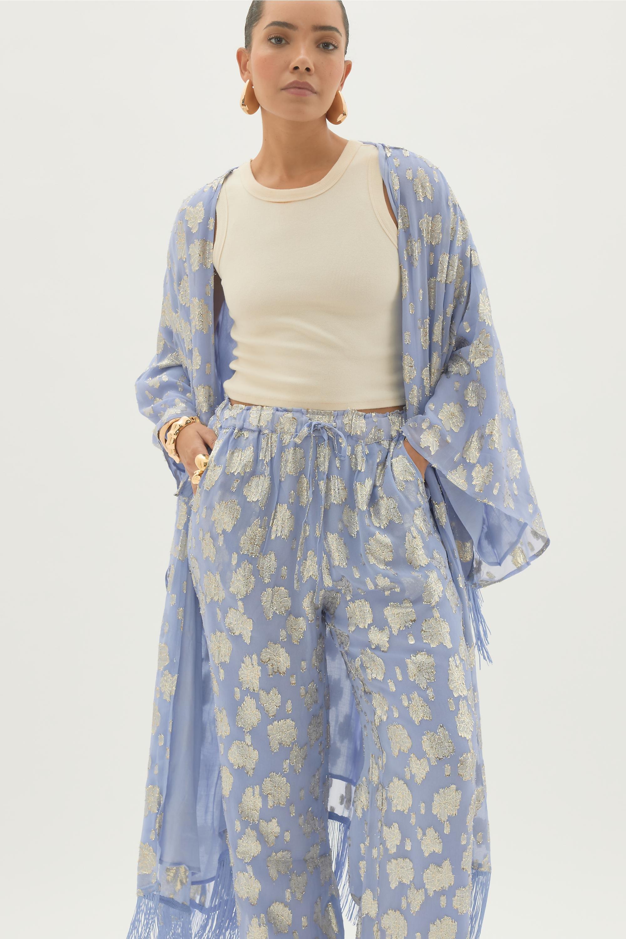 By Anthropologie Floral Jacquard Trousers, Blue, A501_0045, medium