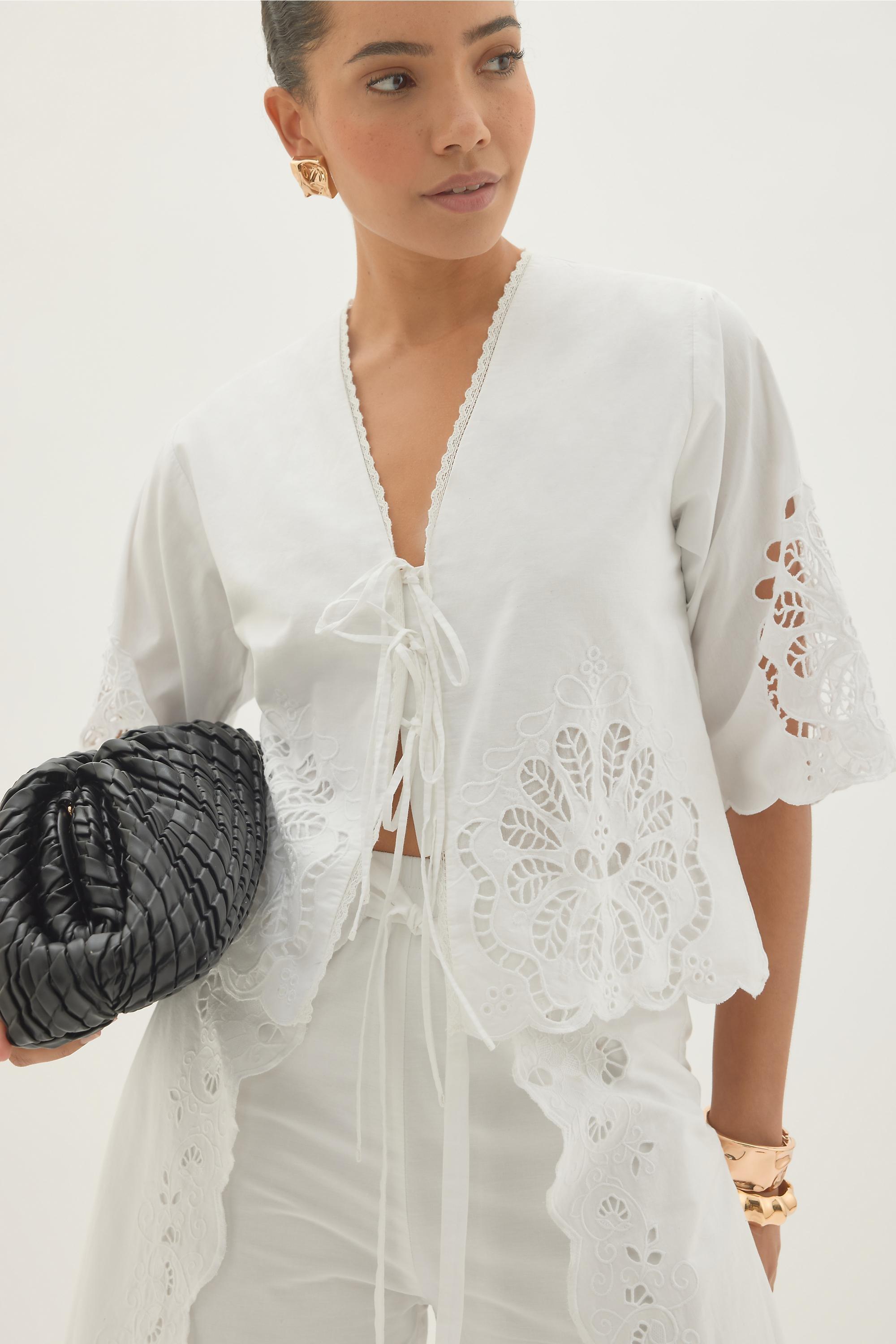 By Anthropologie Astraia Tie-Front Cutwork Blouse, White, A501_0010, large image number 1