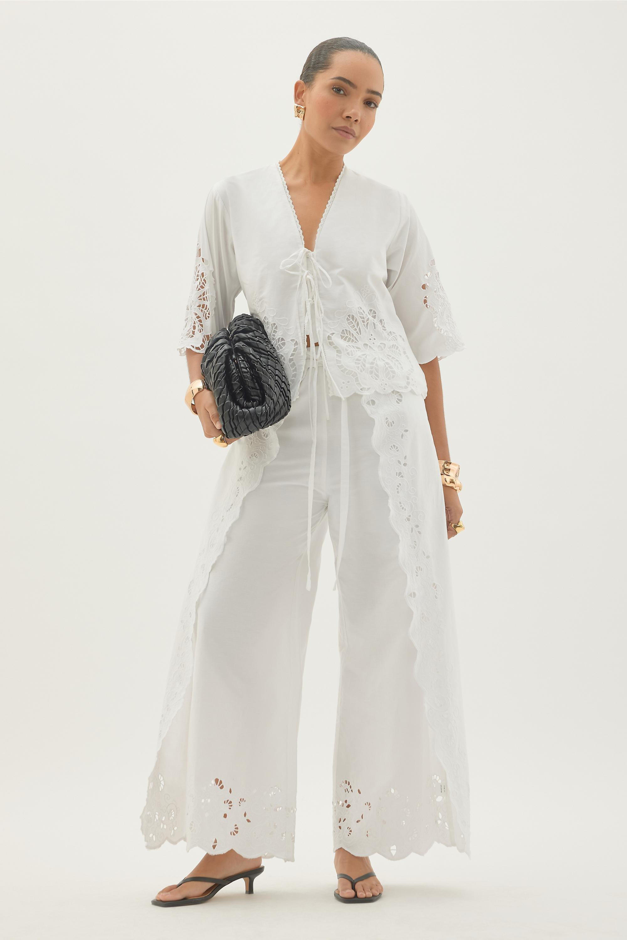 By Anthropologie Astraia Tie-Front Cutwork Blouse, White, A501_0010, large image number 4