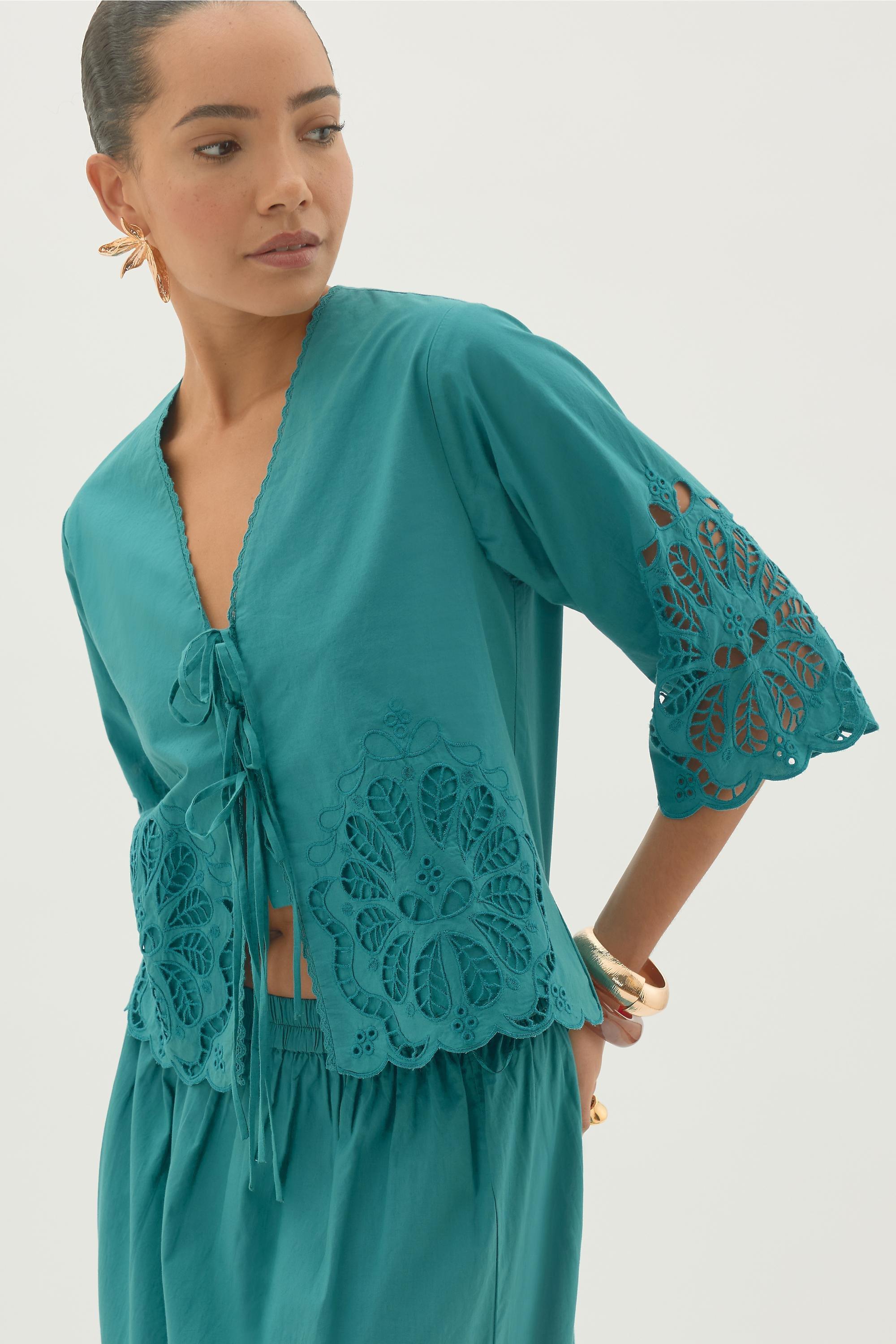 D By Anthropologie Astraia Tie-Front Cutwork Blouse, Blue, A501_0099, large image number 0