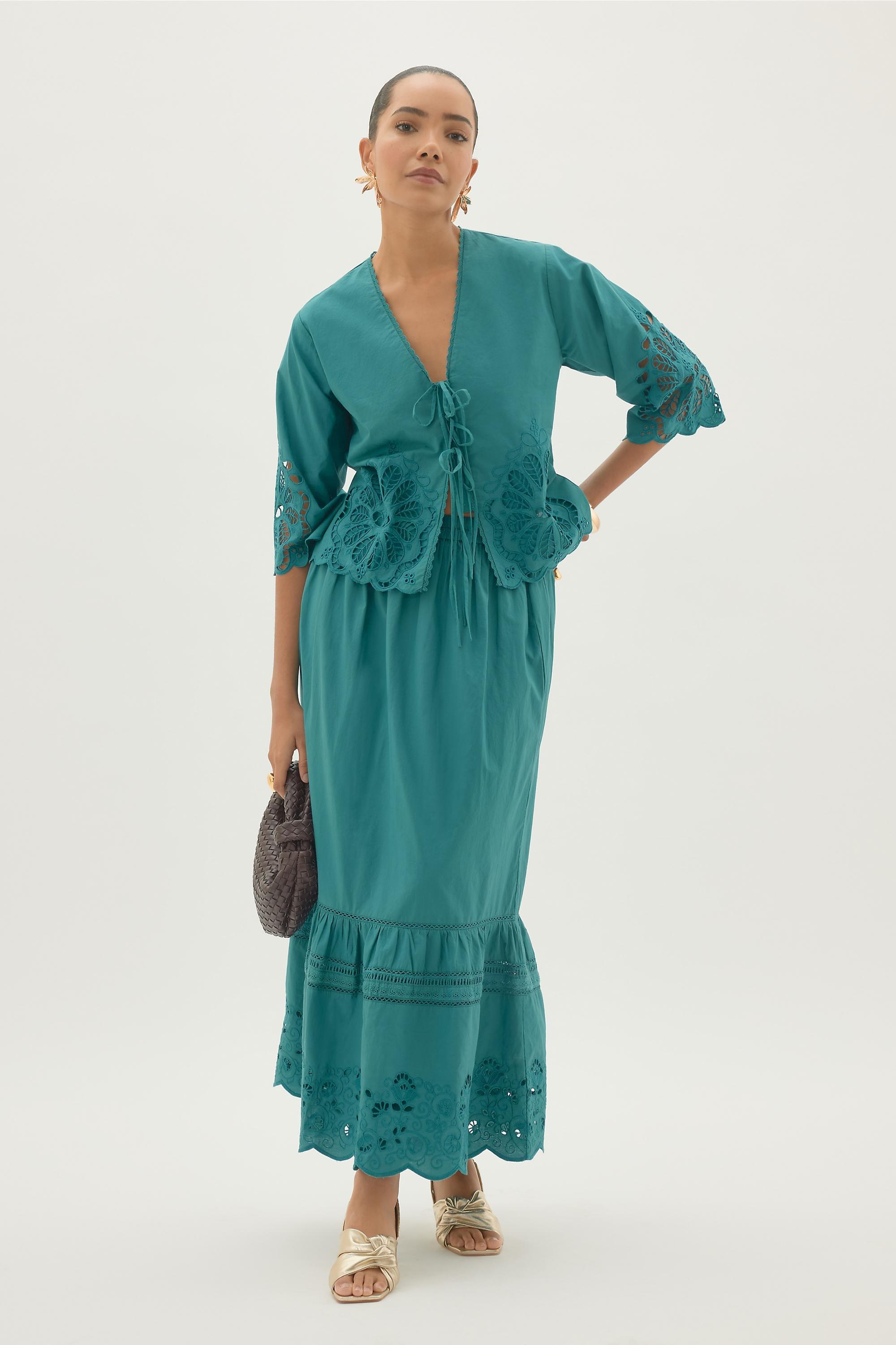 By Anthropologie Tiered Cutwork Maxi Skirt, Blue, A501_0099, large image number 0