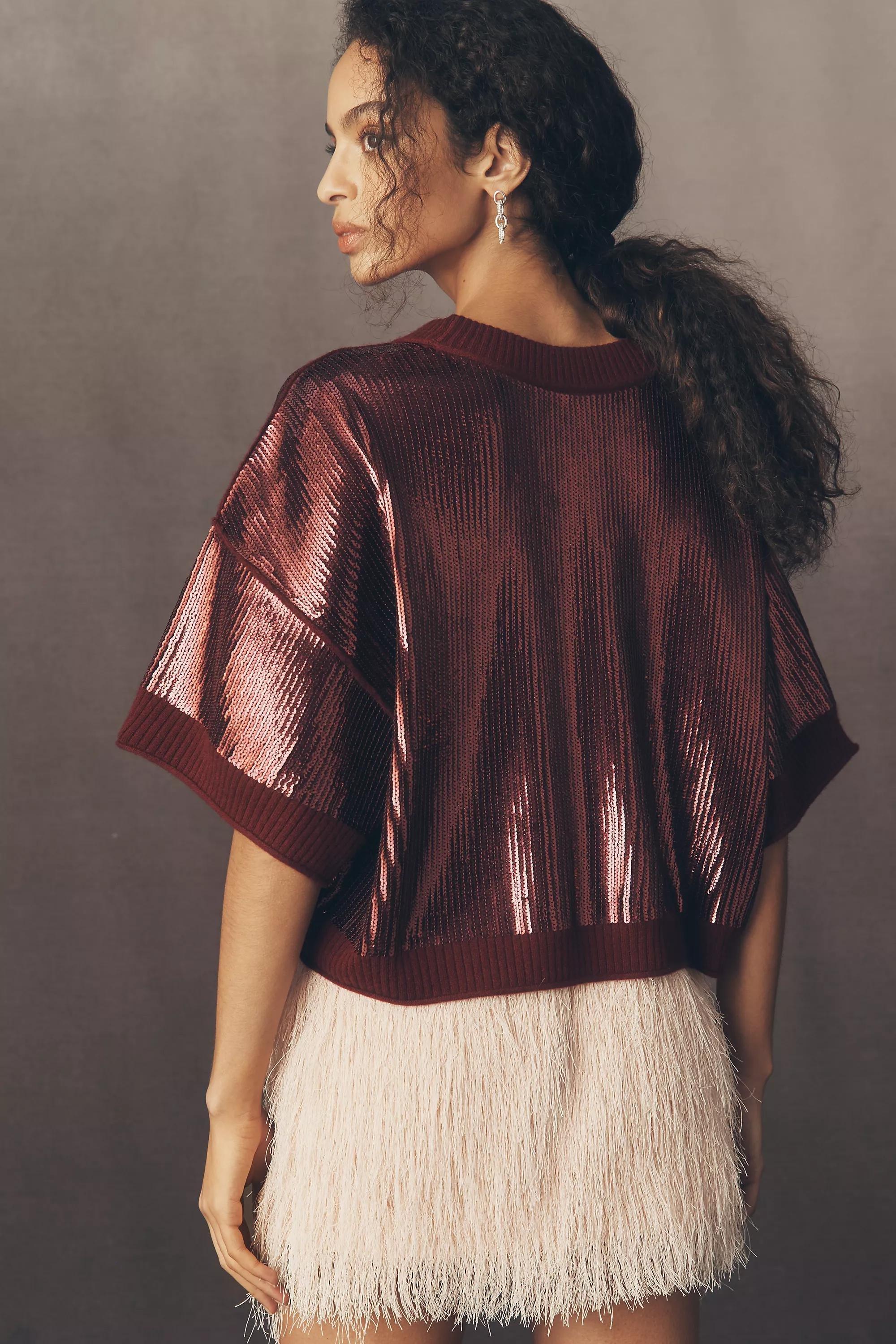 The Goldie Crew Neck Blend Sequin Jumper, Burgundy, Purple, large image number 3