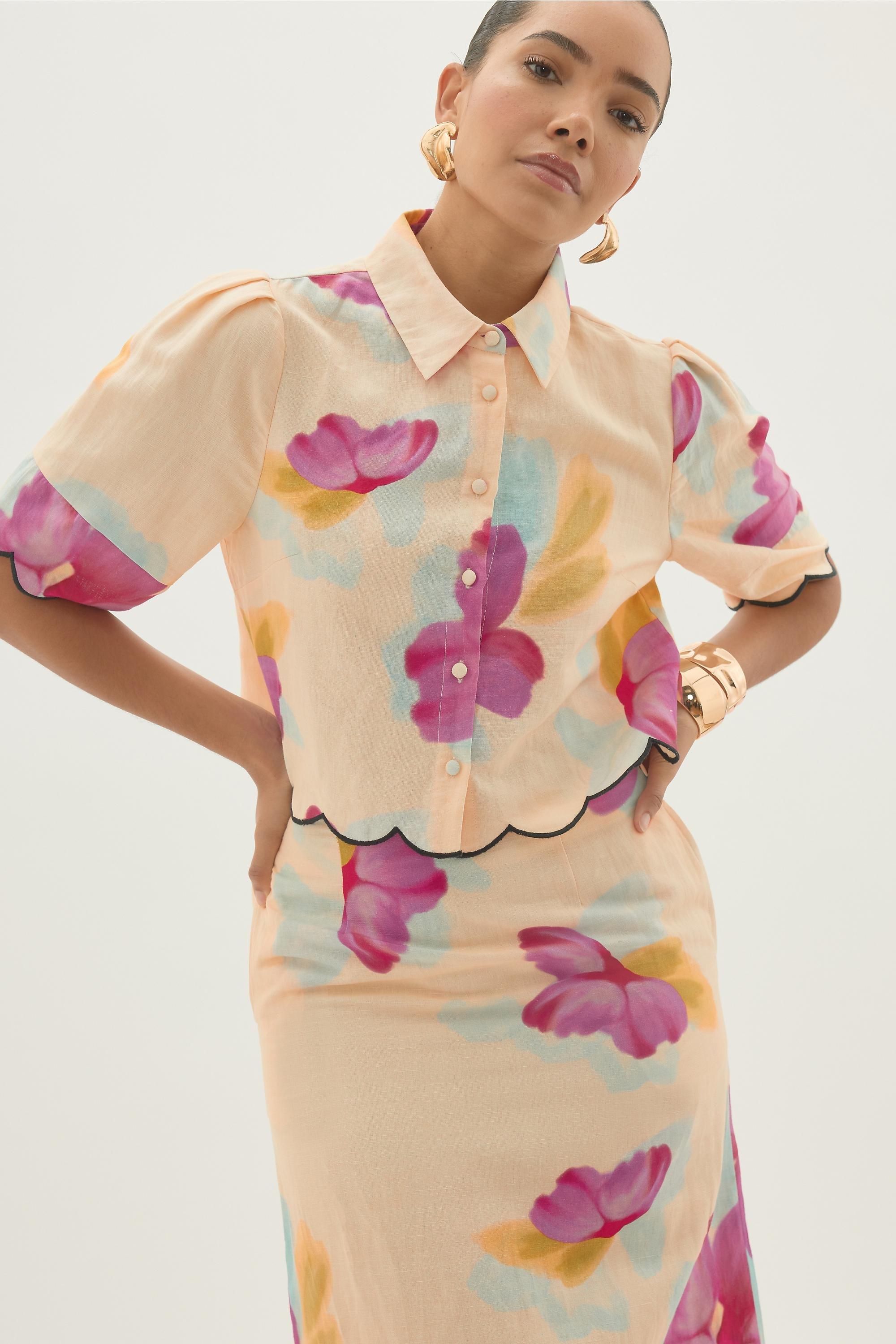 By Anthropologie Cotton-Linen Floral Scallop Shirt, Multicolour, A501_0000, large image number 0