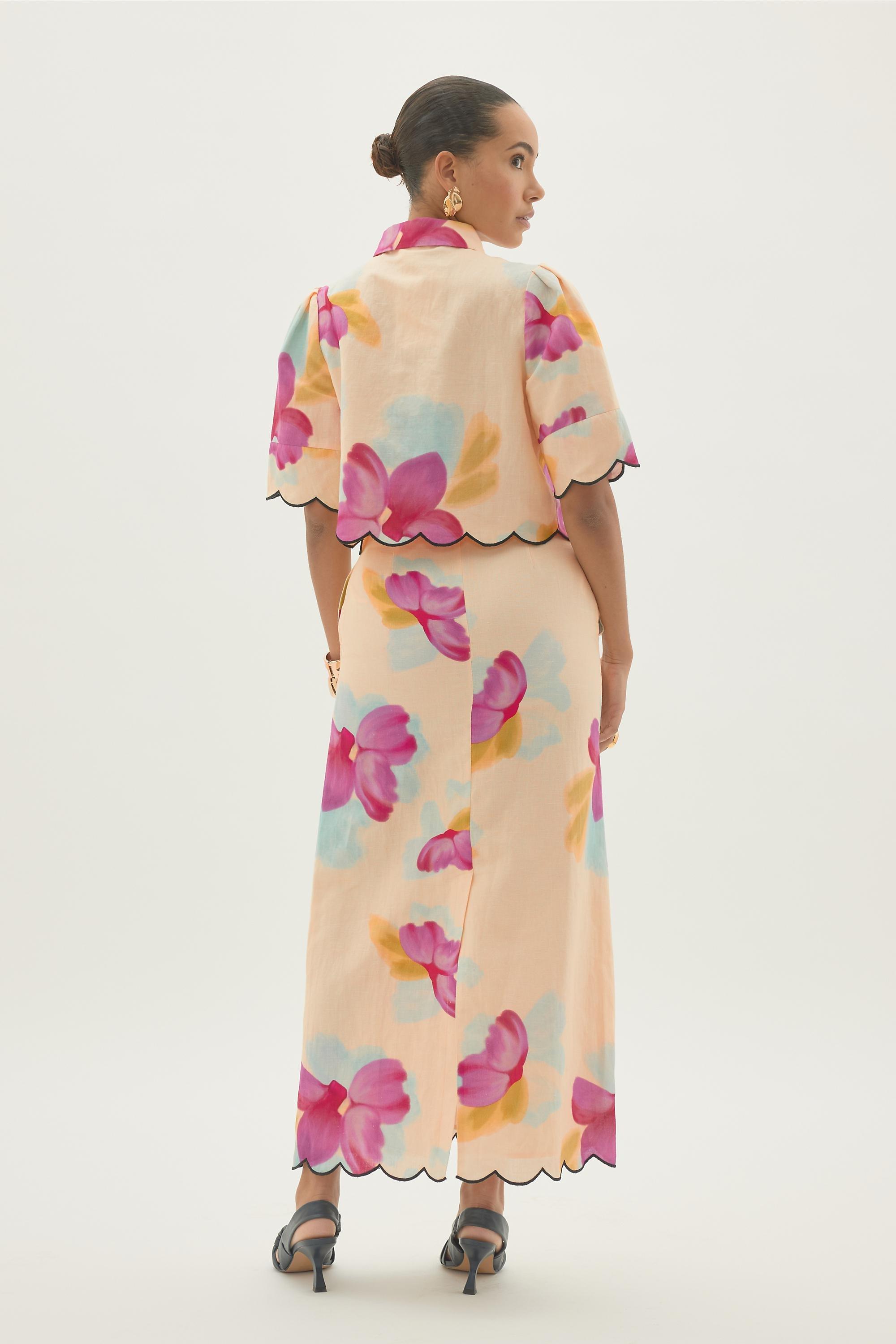 By Anthropologie Cotton-Linen Floral Scallop Shirt, Multicolour, A501_0000, large image number 1