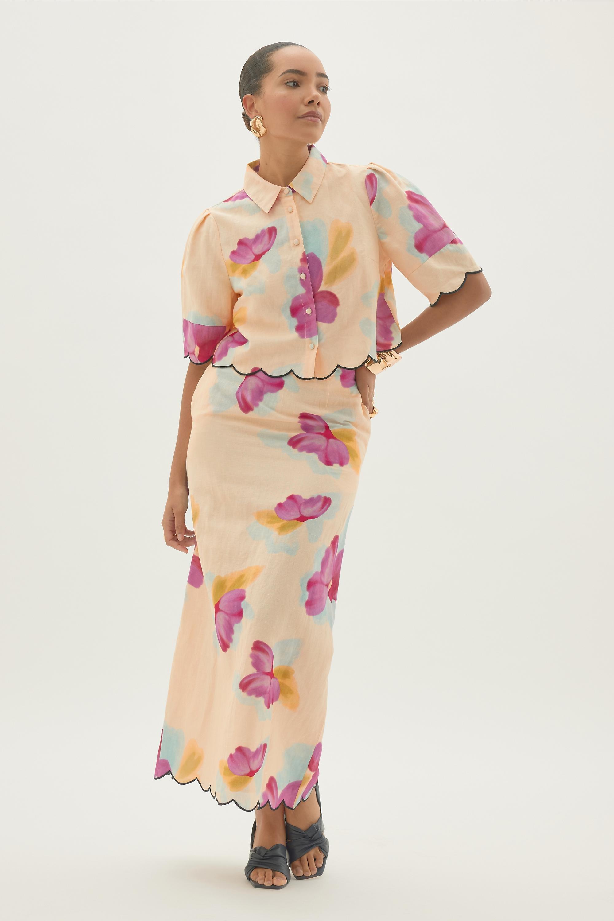 By Anthropologie Cotton-Linen Floral Scallop Shirt, Multicolour, A501_0000, large image number 2