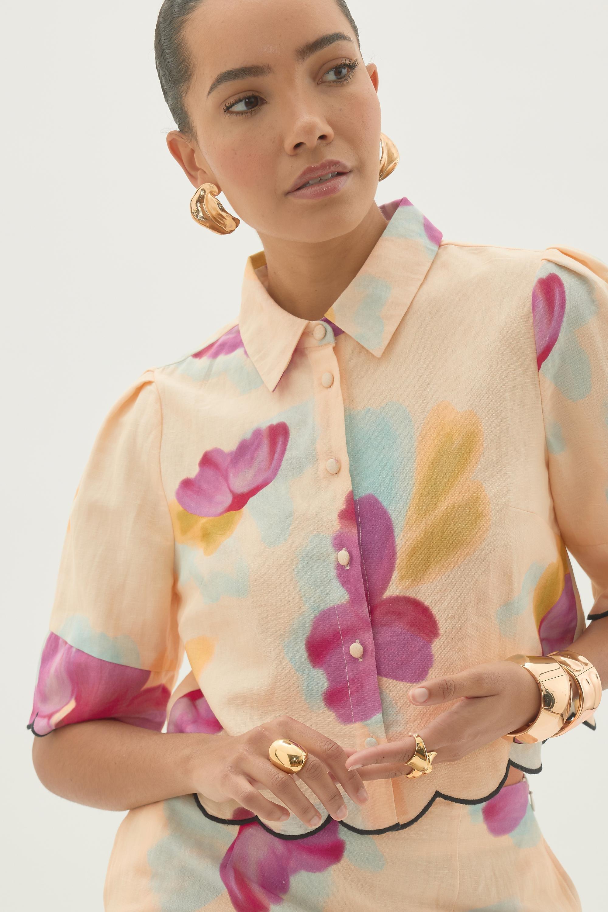 By Anthropologie Cotton-Linen Floral Scallop Shirt, Multicolour, A501_0000, large image number 3